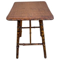 Antique Burnt Bamboo Side Table with Grass Cloth Top, Circa 1880