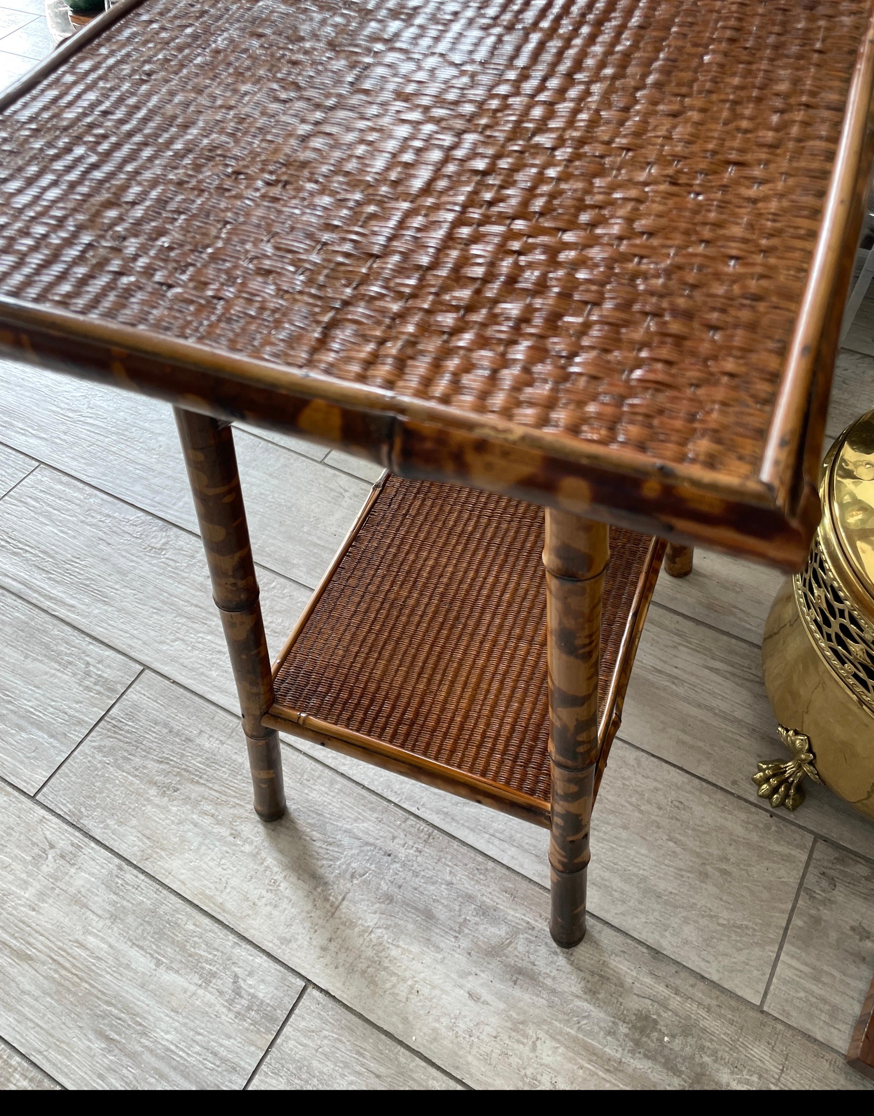 Antique Burnt Bamboo Two-Tiered Side / End Table For Sale 1