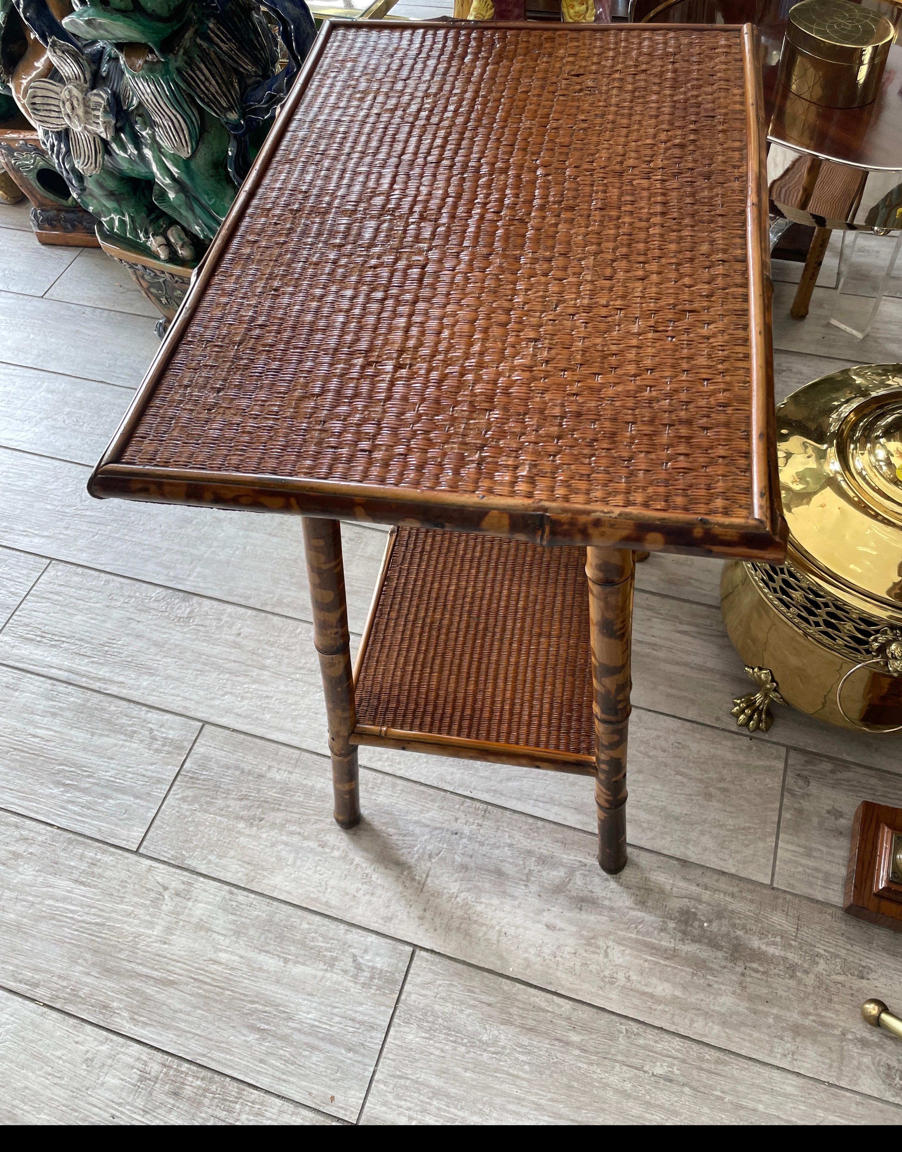 Antique Burnt Bamboo Two-Tiered Side / End Table For Sale 2