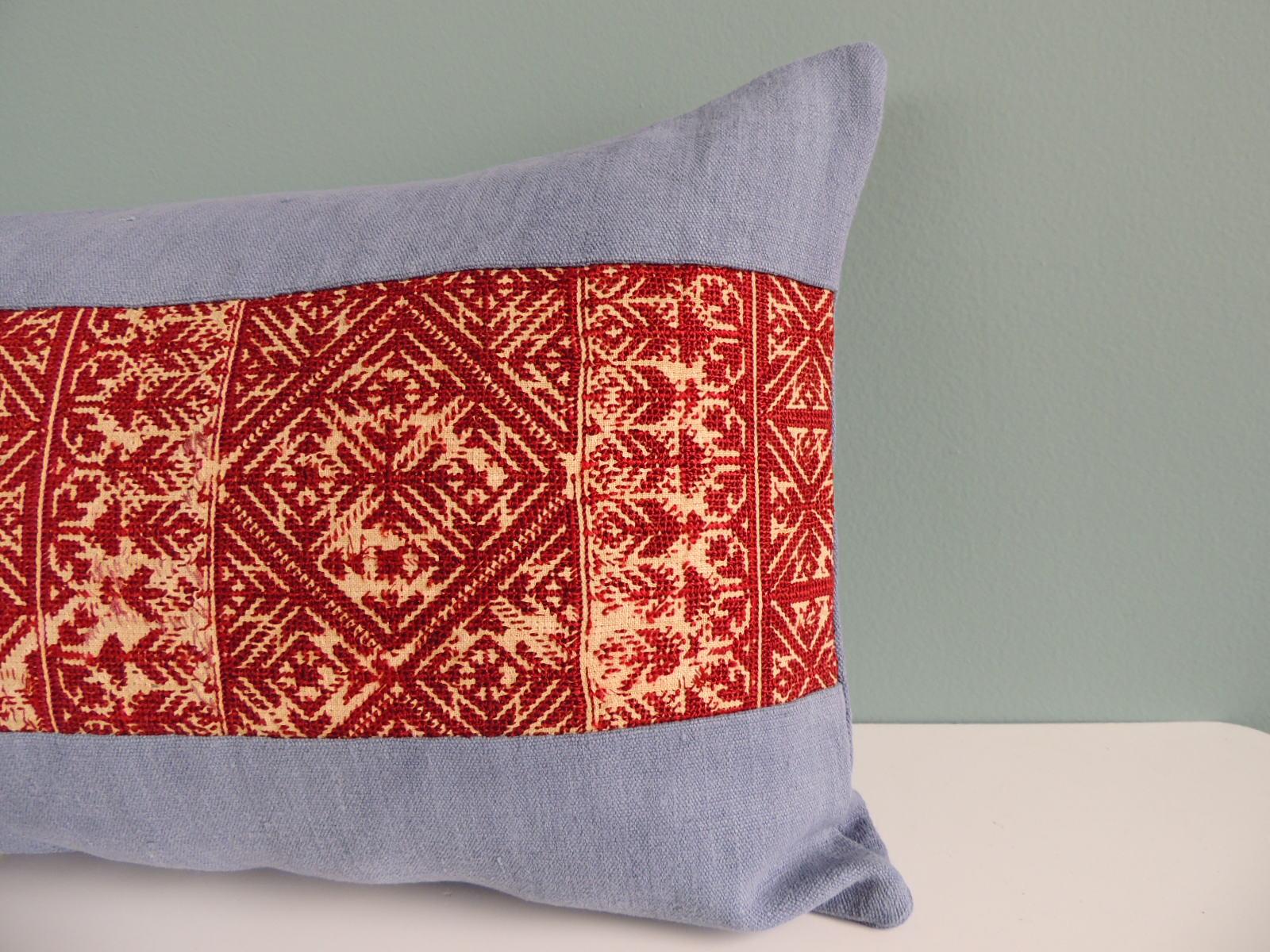Moroccan Antique Burnt Orange Embroidered Fez Decorative Long Bolster Pillow