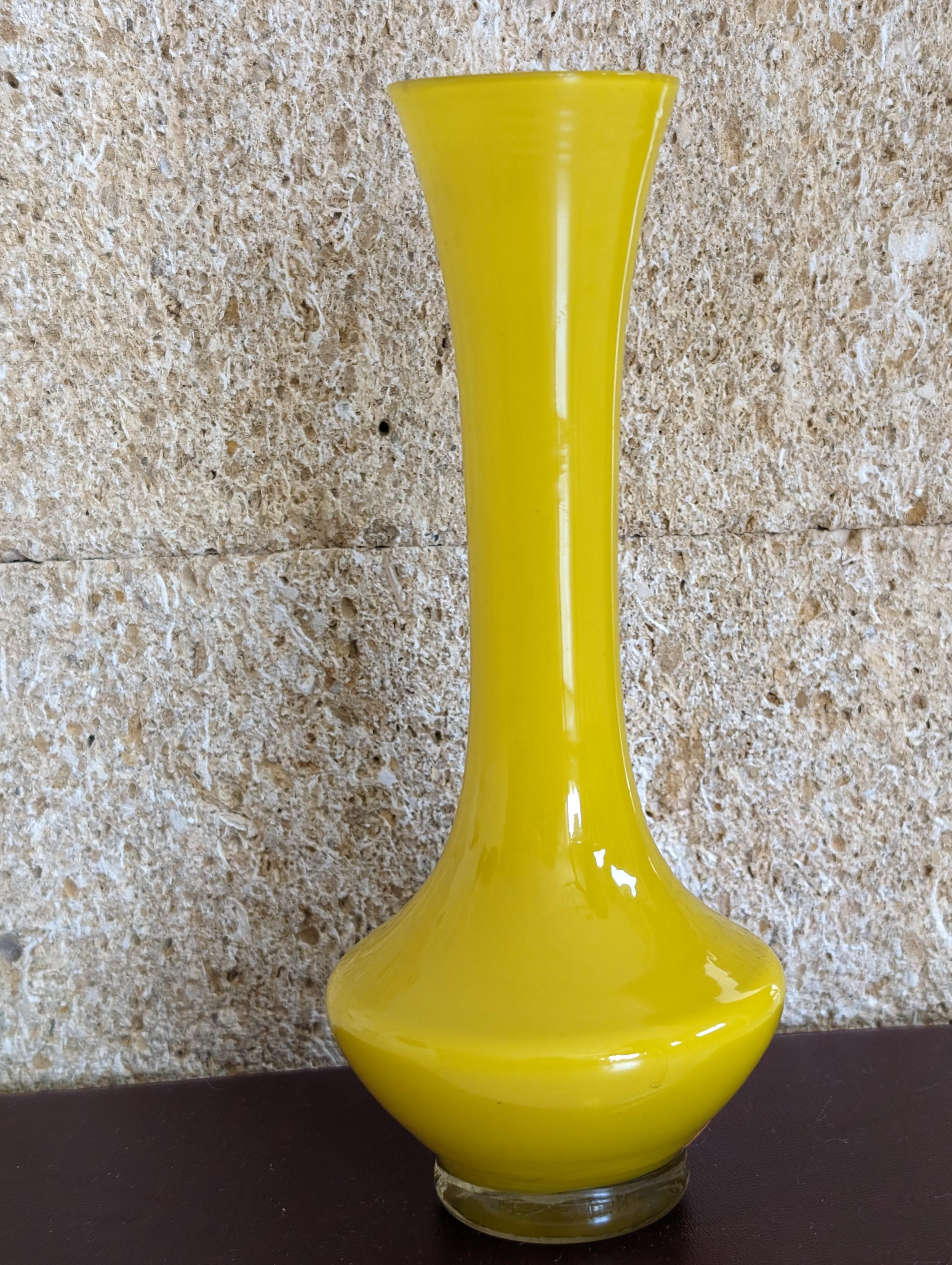 Découvrez la beauté rayonnante de ce vase antique en verre opalin jaune brûlé, une pièce captivante qui incarne l'élégance et le charme vintage. Ce vase exquis présente l'éclat caractéristique du verre opalin, avec une teinte jaune vibrante qui