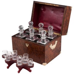 Antique Burr Ash Brass Leather Lined Glass Decanter Box Mid-19th Century