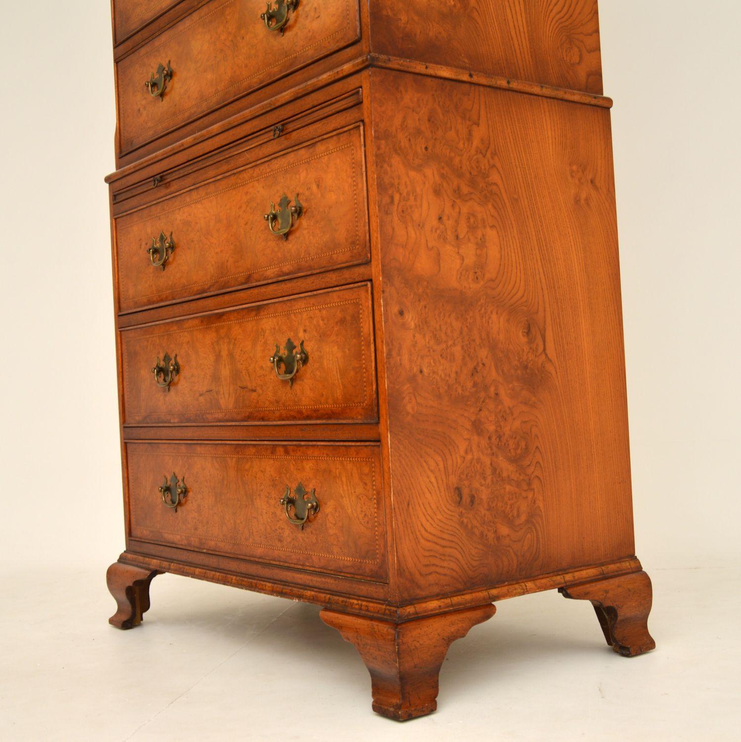 Antique Burr Elm Chest on Chest of Drawers 1