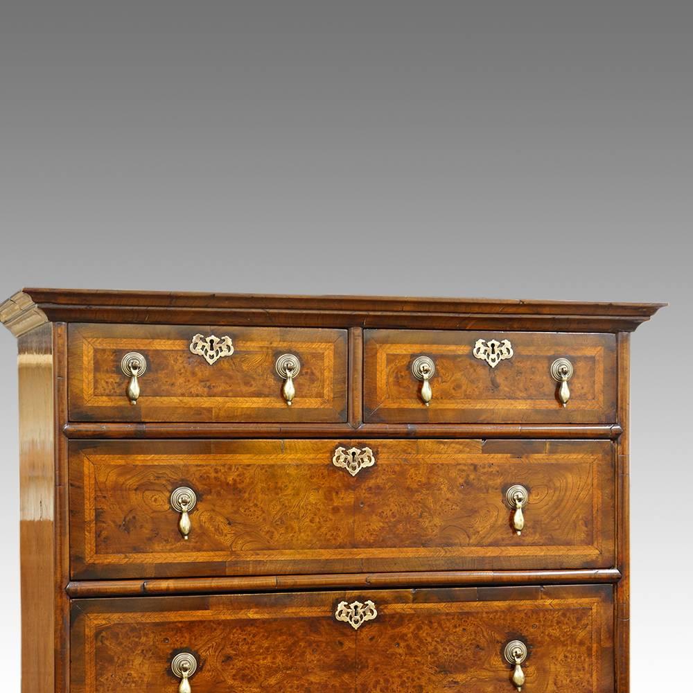 Antique burr elm chest on stand
Here we have this magnificent Antique burr-elm chest on stand, in the William and Mary style.
This chest on stand was made by a highly skilled cabinetmaker, who had taken time sourcing wonderful burr elm