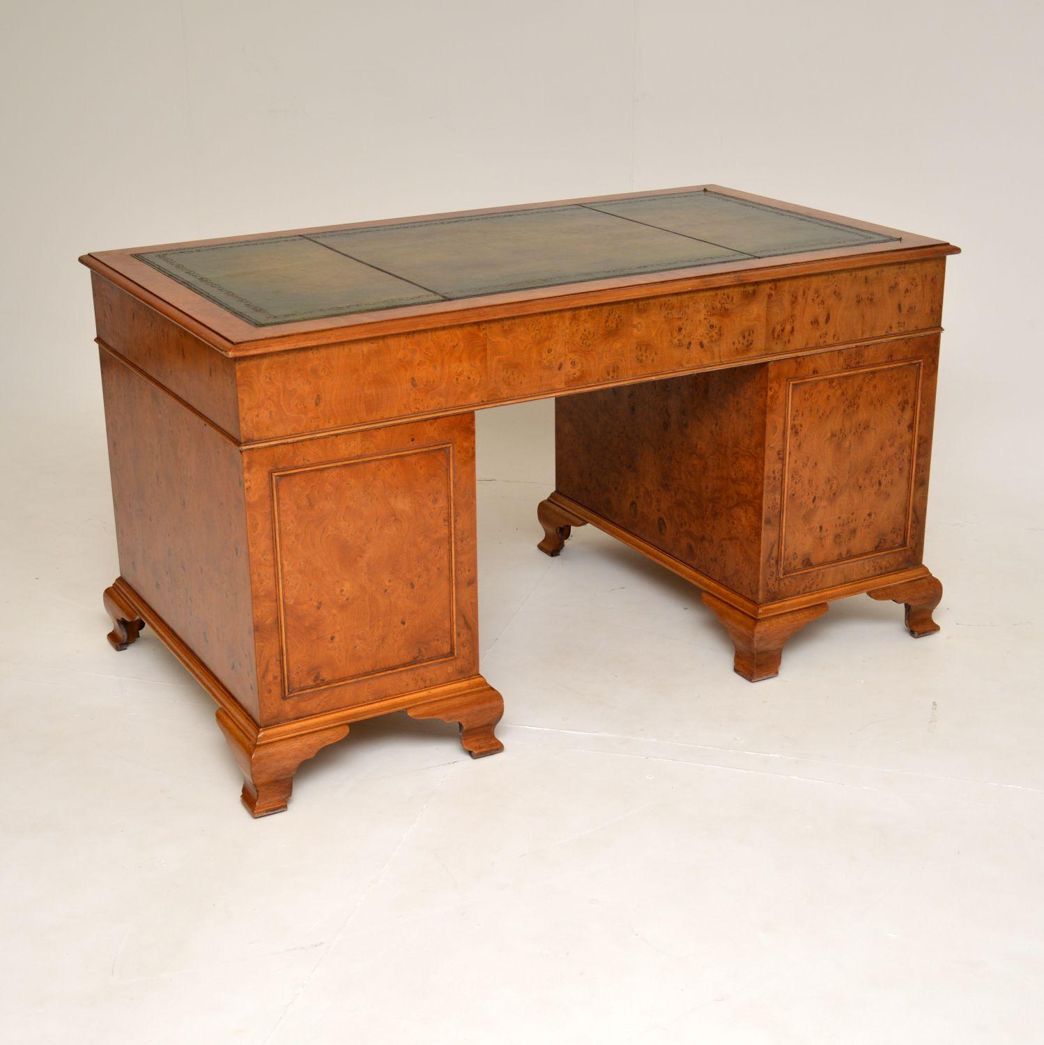 Antique Burr Elm Leather Top Pedestal Desk 4