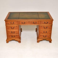 Antique Burr Elm Leather Top Pedestal Desk