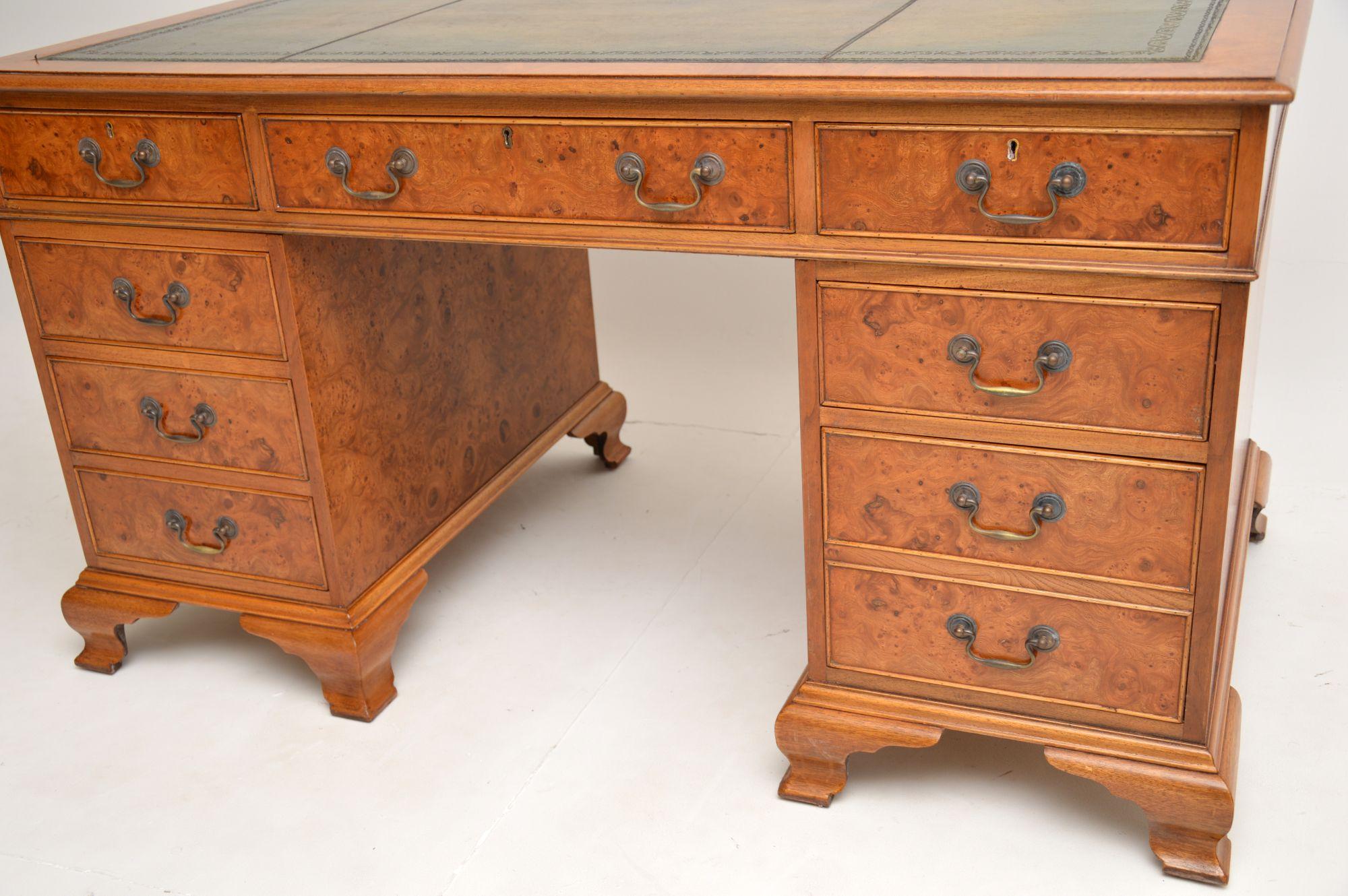 English Antique Burr Elm Leather Top Pedestal Desk