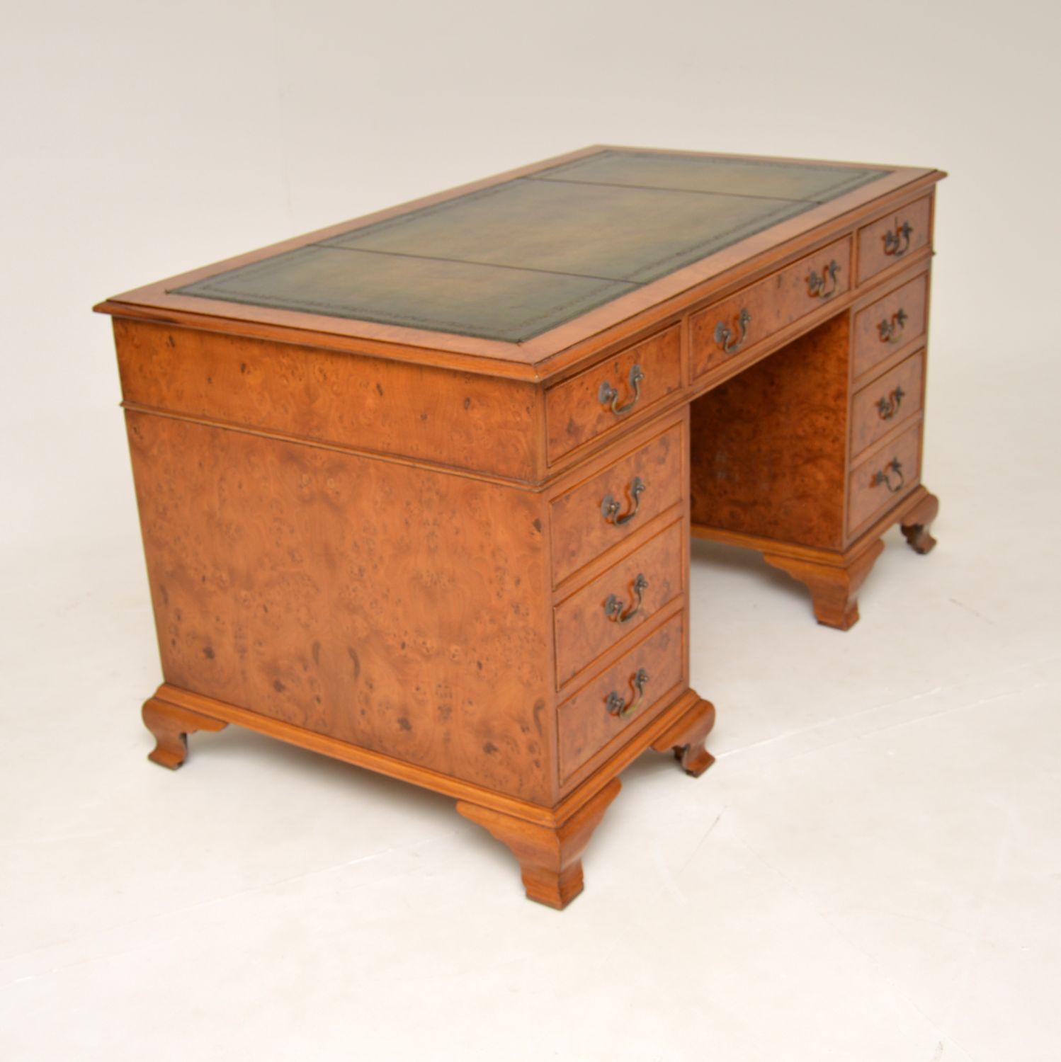 Antique Burr Elm Leather Top Pedestal Desk 1