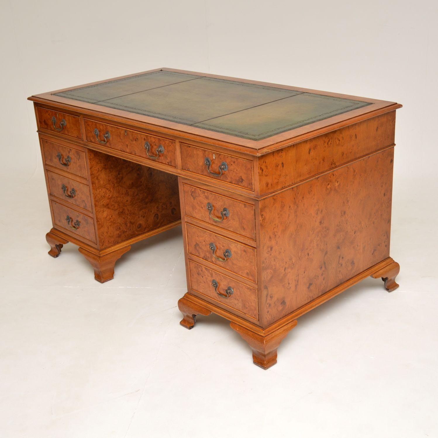 Antique Burr Elm Leather Top Pedestal Desk 2