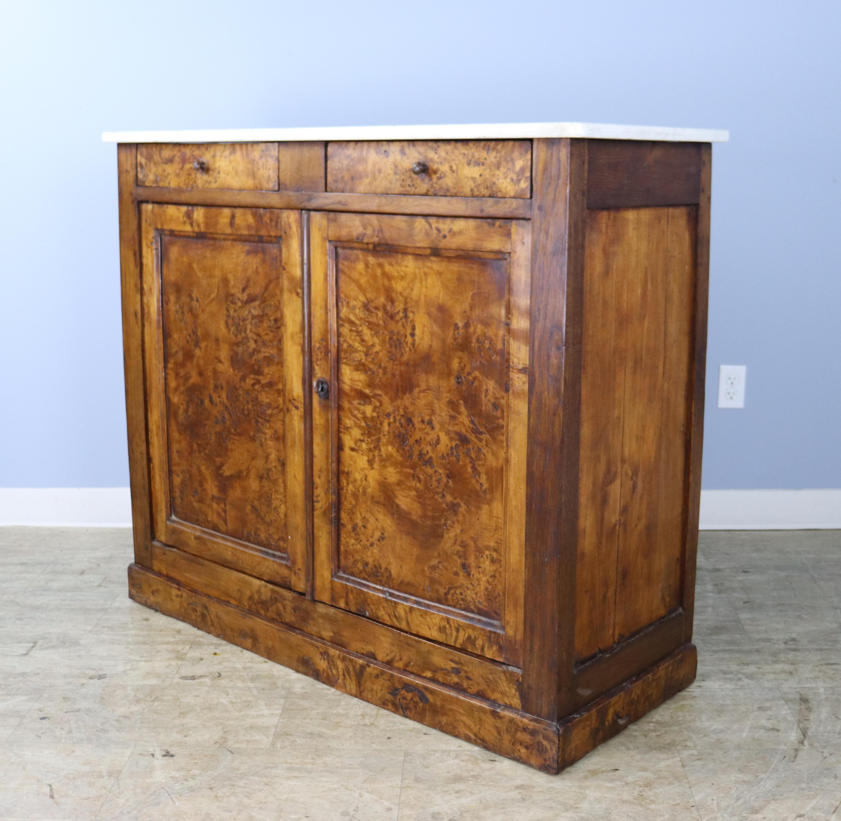 French Antique Burr Poplar Buffet with White Marble Top For Sale