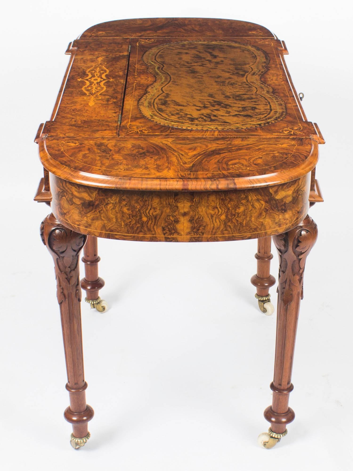 Victorian Antique Burr Walnut and Marquetry Writing Table Desk, 19th Century