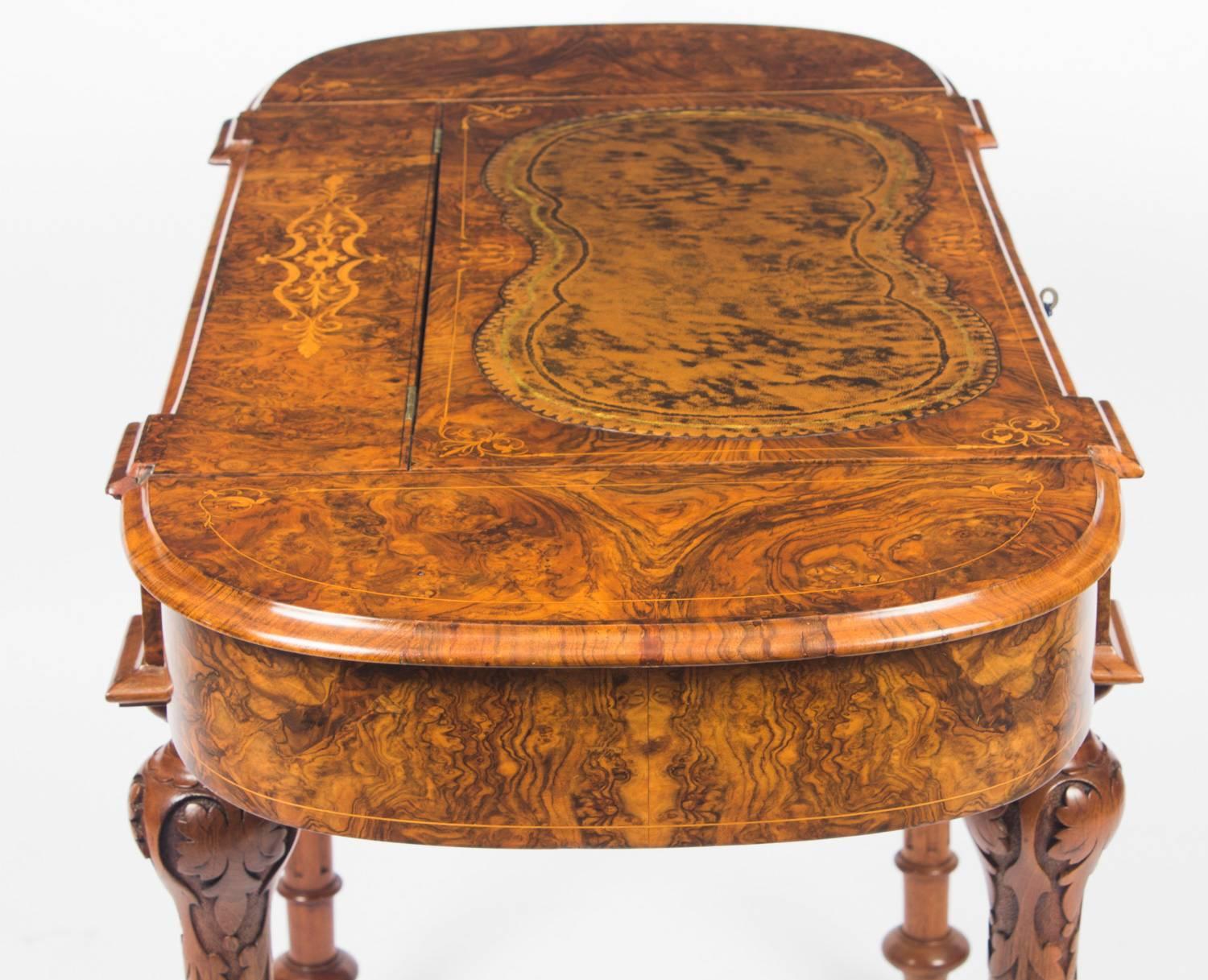 English Antique Burr Walnut and Marquetry Writing Table Desk, 19th Century