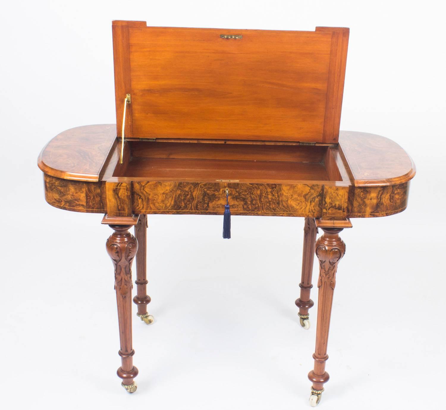 Late 19th Century Antique Burr Walnut and Marquetry Writing Table Desk, 19th Century