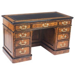Antique Burr Walnut and Ebonised Marquetry Pedestal Desk, 19th Century