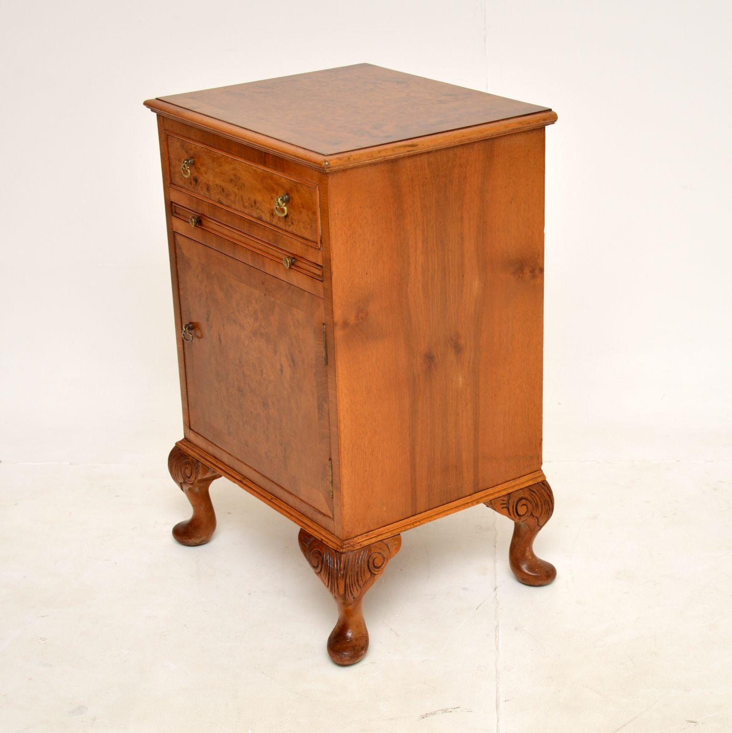 British Antique Burr Walnut Bedside Cabinet