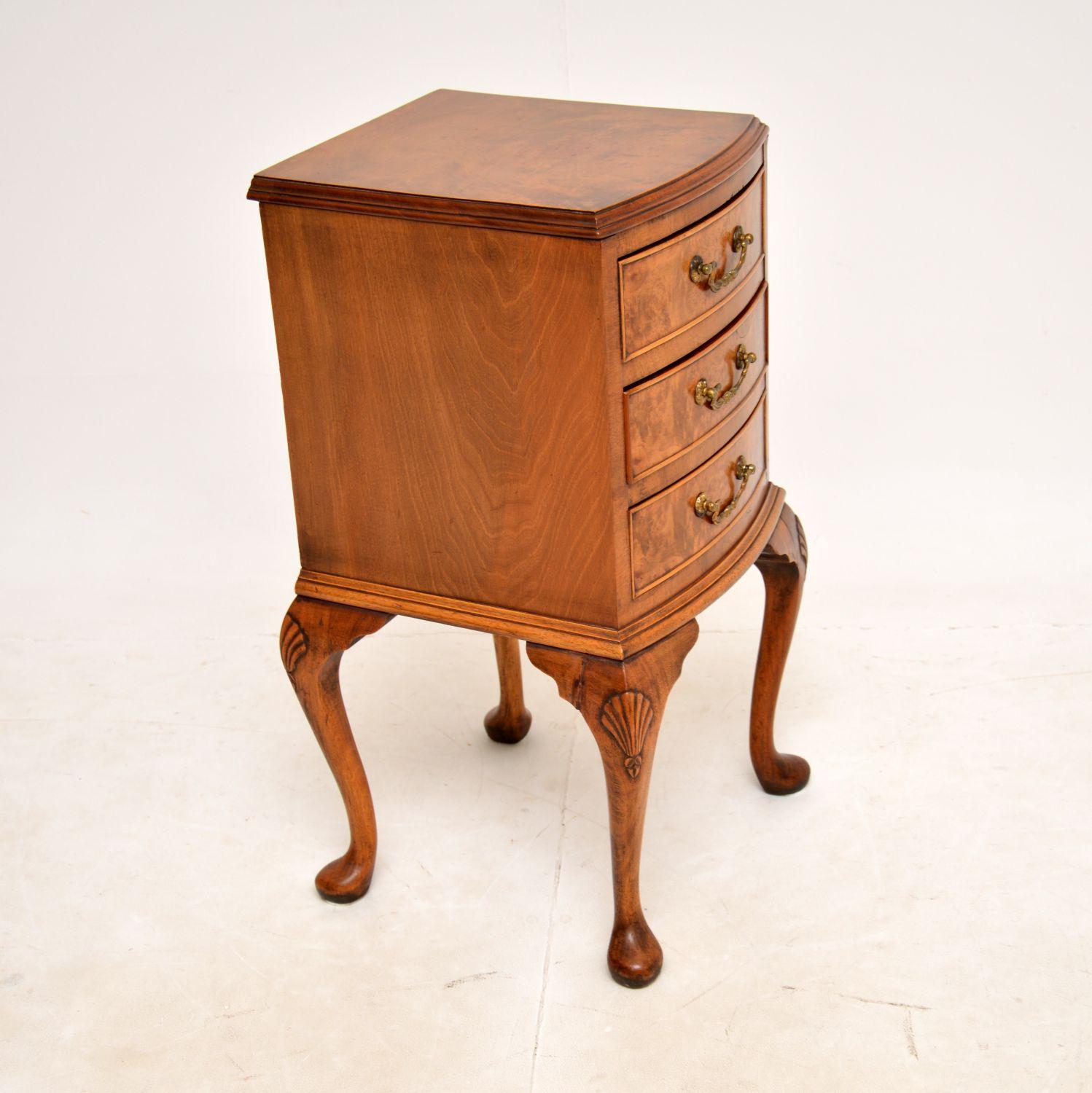 Queen Anne Antique Burr Walnut Bedside Chest on Legs For Sale