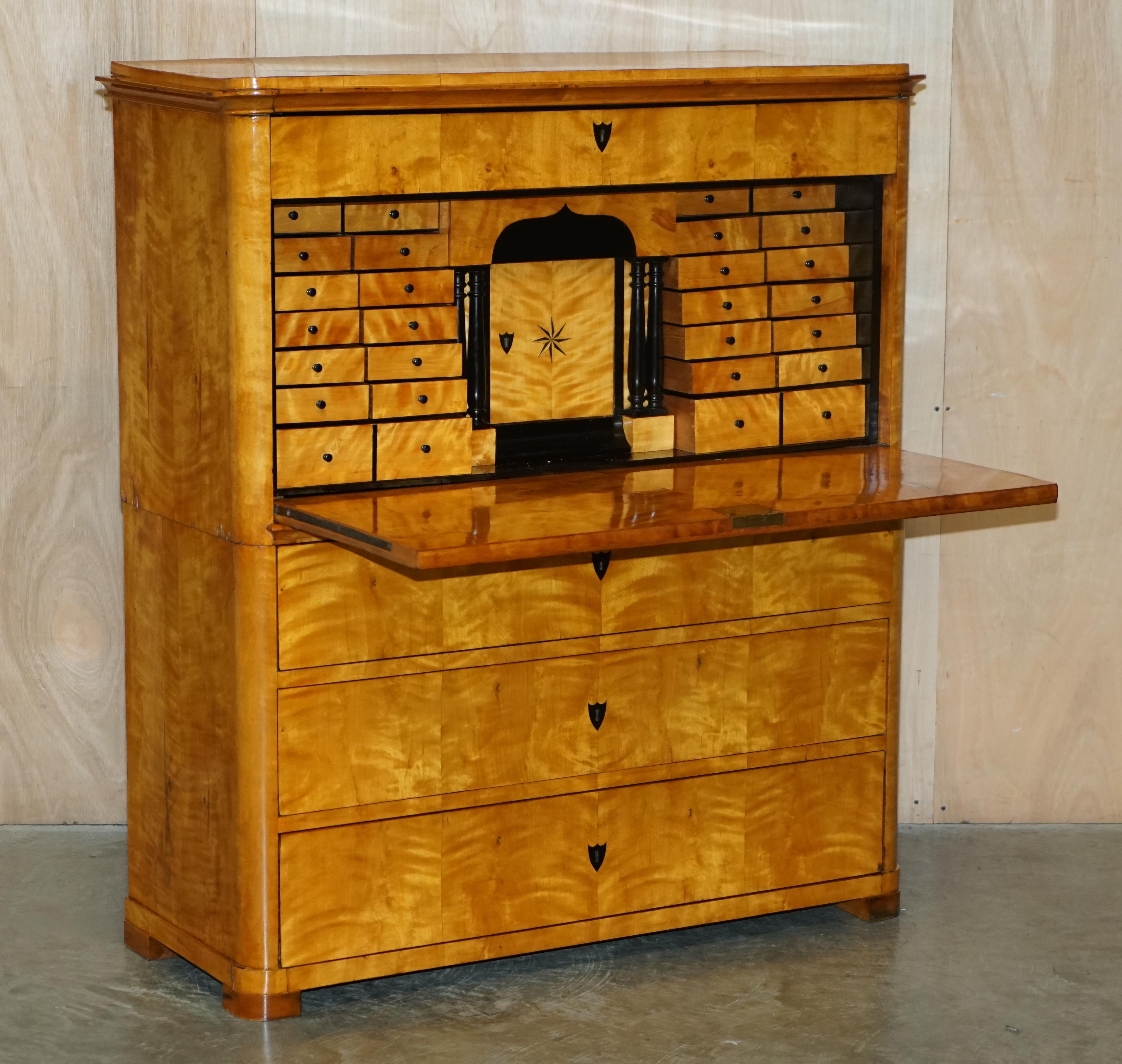 Antique Burr Walnut Biedermeier Secretaire Desk Drop Front Secretaire Drawers For Sale 12