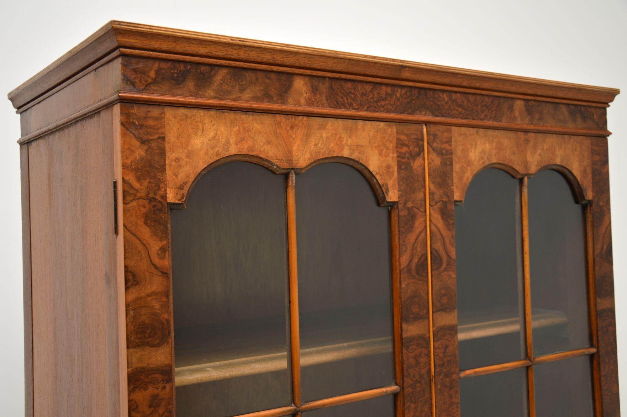 English Antique Burr Walnut Bookcase on Cupboard