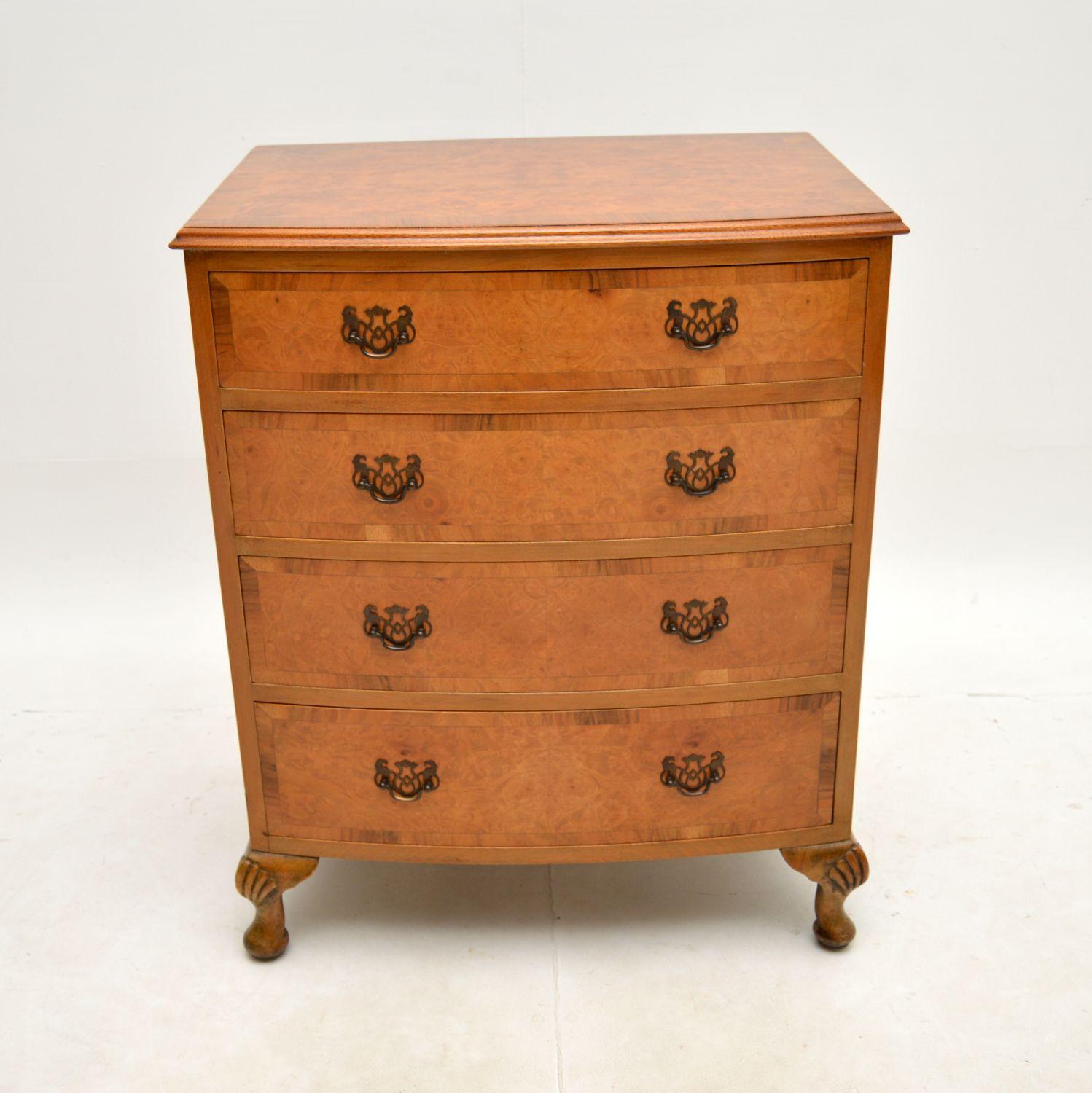 A smart and very well made antique burr walnut bow front chest of drawers. This was made in England, it dates from around the 1930’s.

The quality is superb, this is a useful size with plenty of storage space. The top and drawers fronts have cross