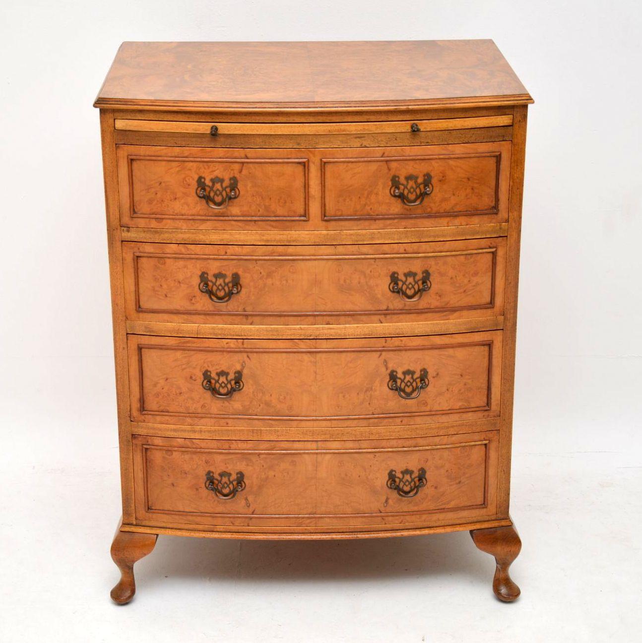 Queen Anne Antique Burr Walnut Bow Front Chest of Drawers