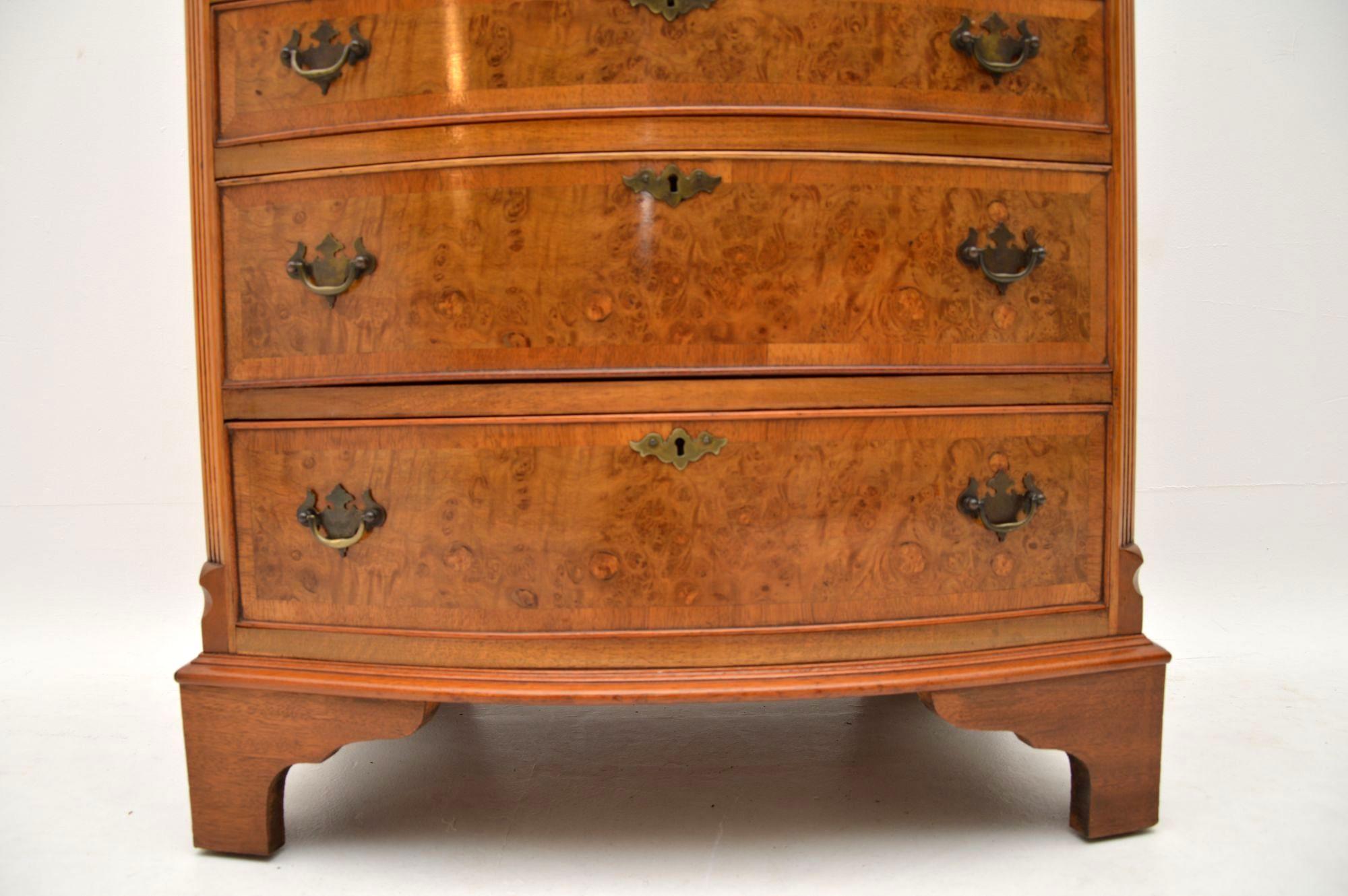 English Antique Burr Walnut Bow Front Chest of Drawers