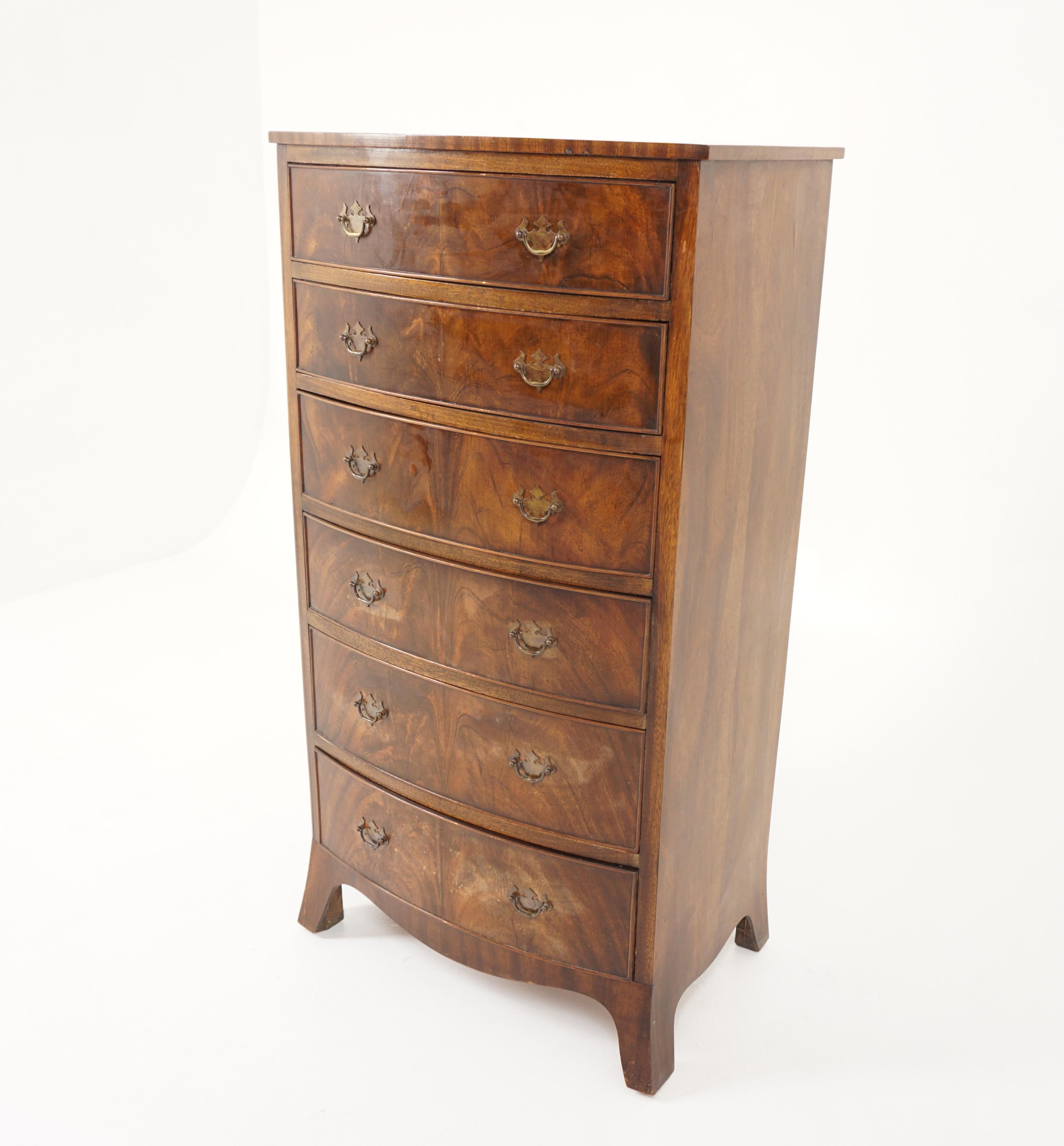 Antique Burr Walnut Bow Front Lingerie chest, dresser. Scotland 1920, B2939

Scotland 1920
Solid Walnut Veneers
Original finish
Moulded top with bow front
Six dovetailed drawers below
All standing on splayed legs
Wonderful quality and in