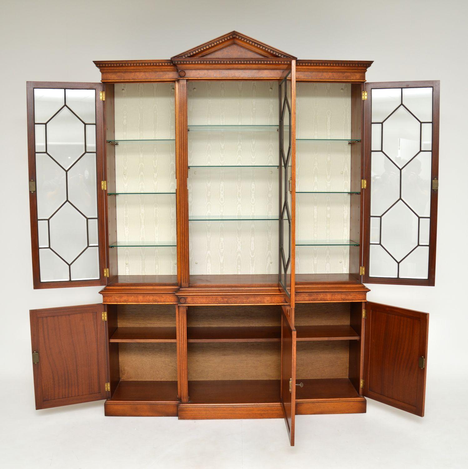 English Antique Burr Walnut Breakfront Bookcase / Display Cabinet