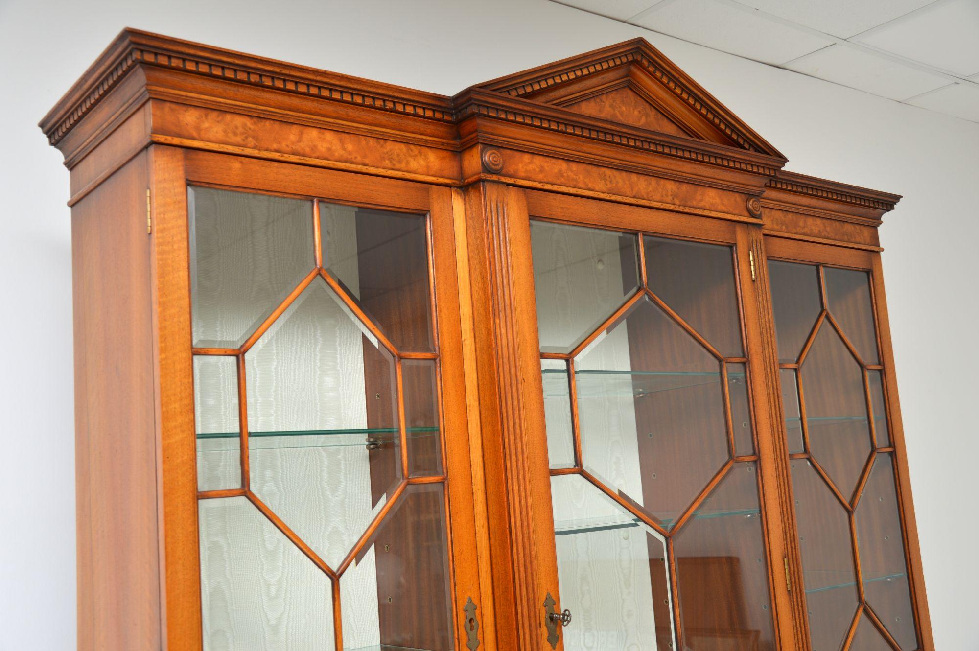 20th Century Antique Burr Walnut Breakfront Bookcase / Display Cabinet
