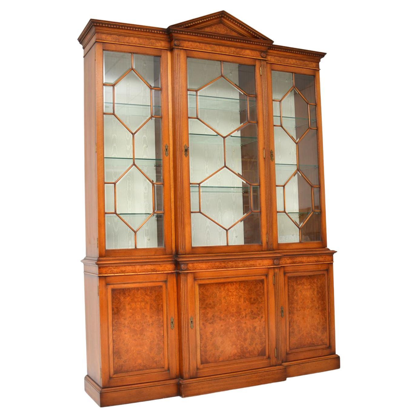 Antique Burr Walnut Breakfront Bookcase / Display Cabinet
