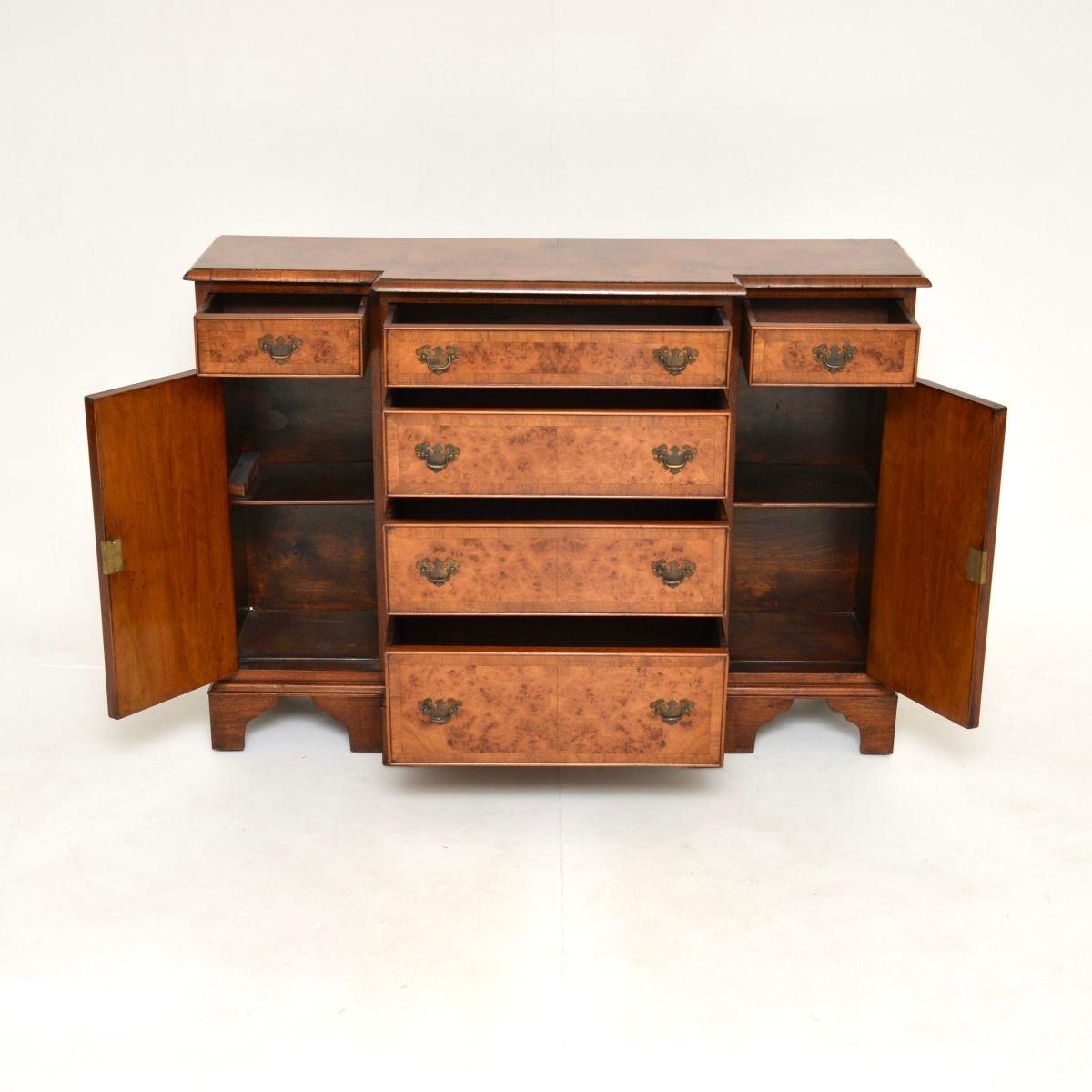 Georgian Antique Burr Walnut Breakfront Sideboard For Sale