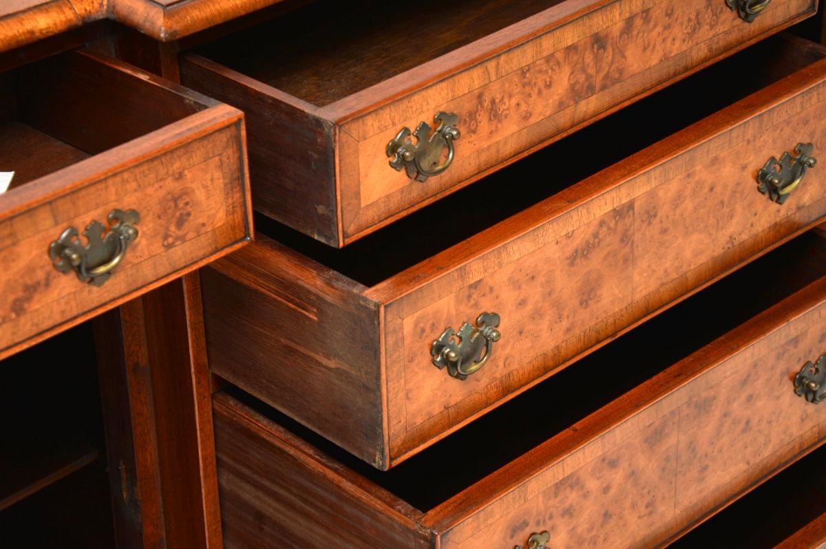 British Antique Burr Walnut Breakfront Sideboard For Sale