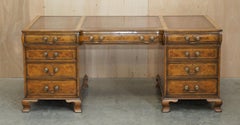 Antique Burr Walnut Brown Leather Serpentine Fronted Double Sided Partner Desk