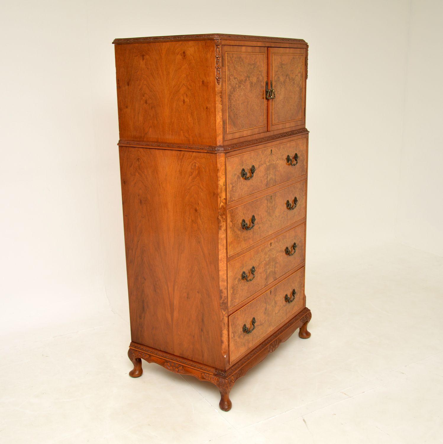 Antique Burr Walnut Cabinet on Chest of Drawers 4