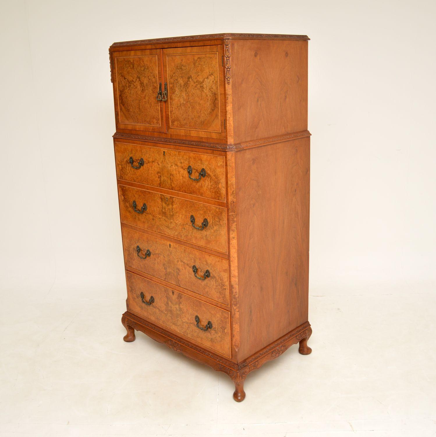 Queen Anne Antique Burr Walnut Cabinet on Chest of Drawers
