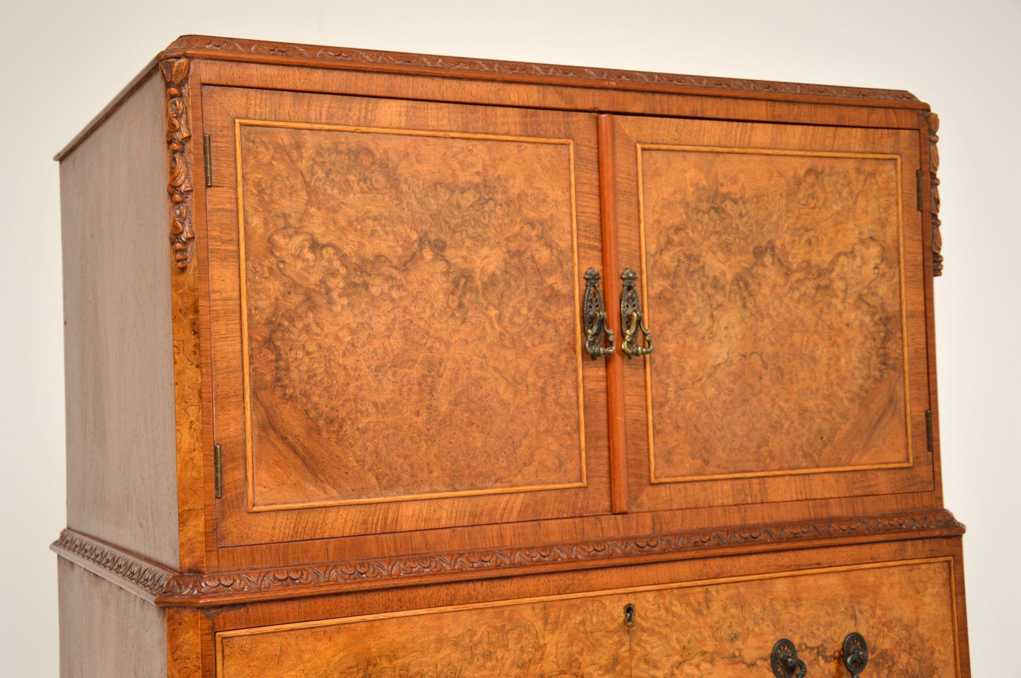 English Antique Burr Walnut Cabinet on Chest of Drawers