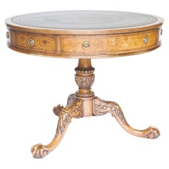 Antique Burr Walnut & Carved Drum Table circa 1930s