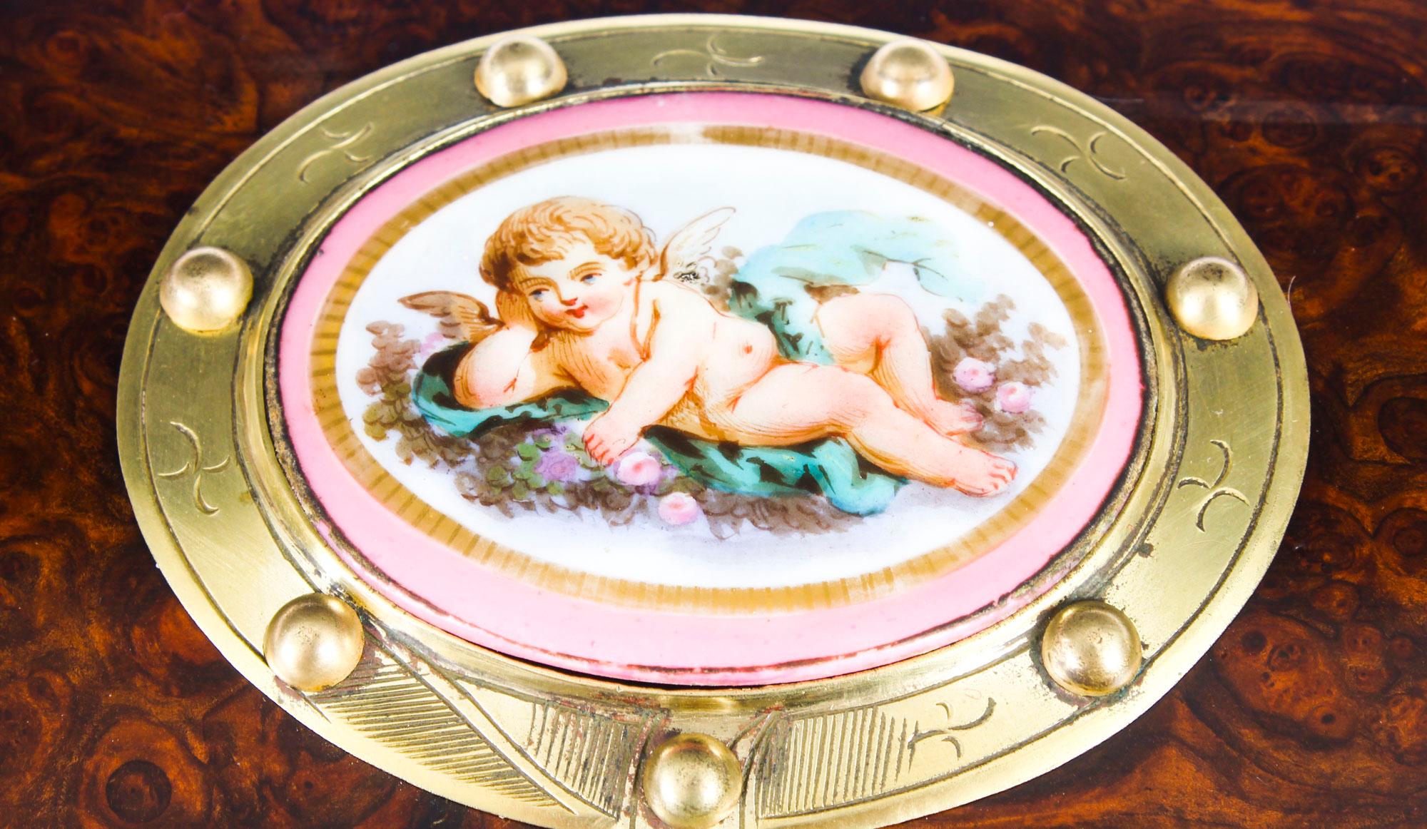 French Antique Burr Walnut Casket Inset Sevres Porcelain Plaque, 19th Century