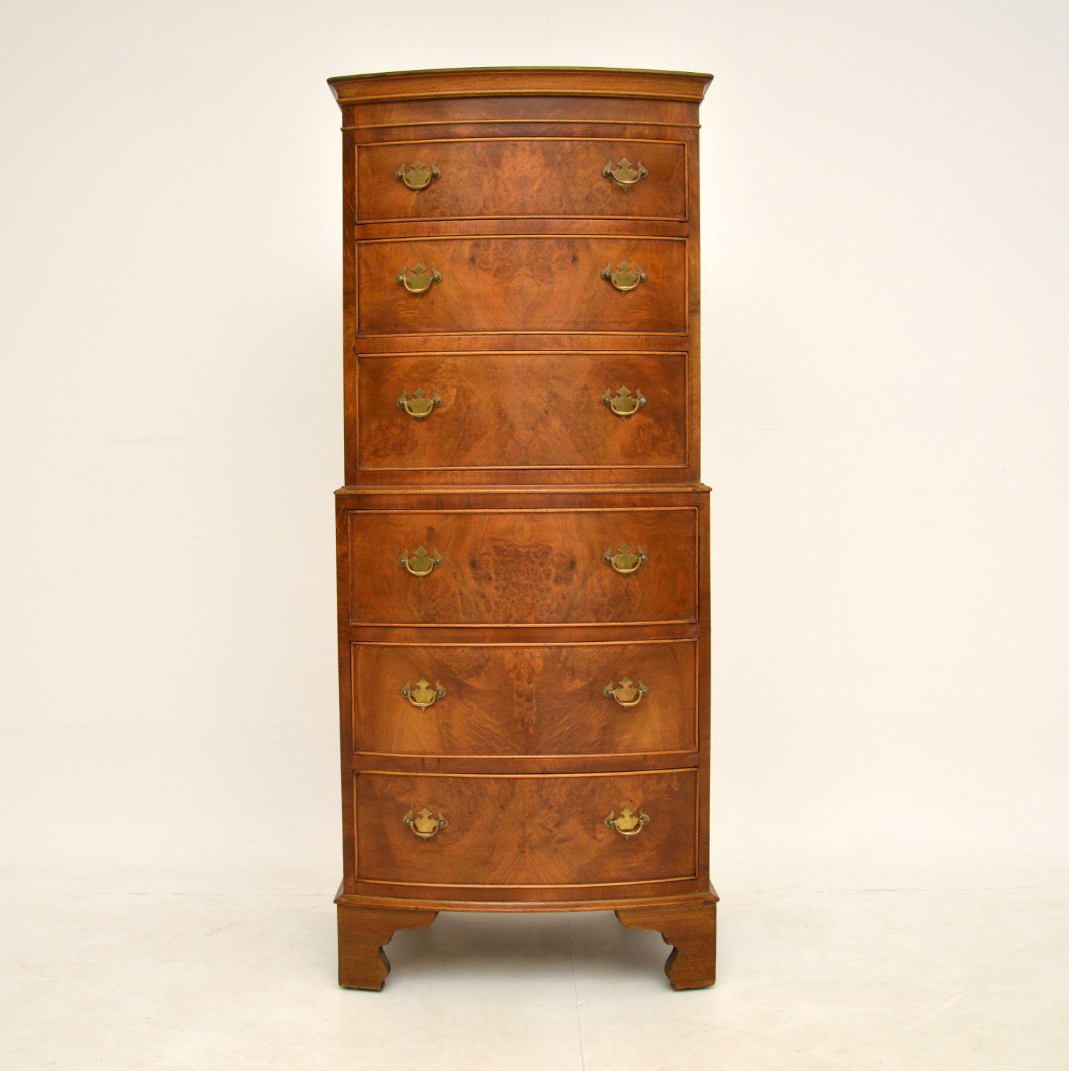 A beautiful and top quality walnut chest on chest. This is in the antique Georgian style, it dates from around the 1930’s.

It is extremely well made and this is a really useful size. It is tall and slim, with lots of storage space. The colour and