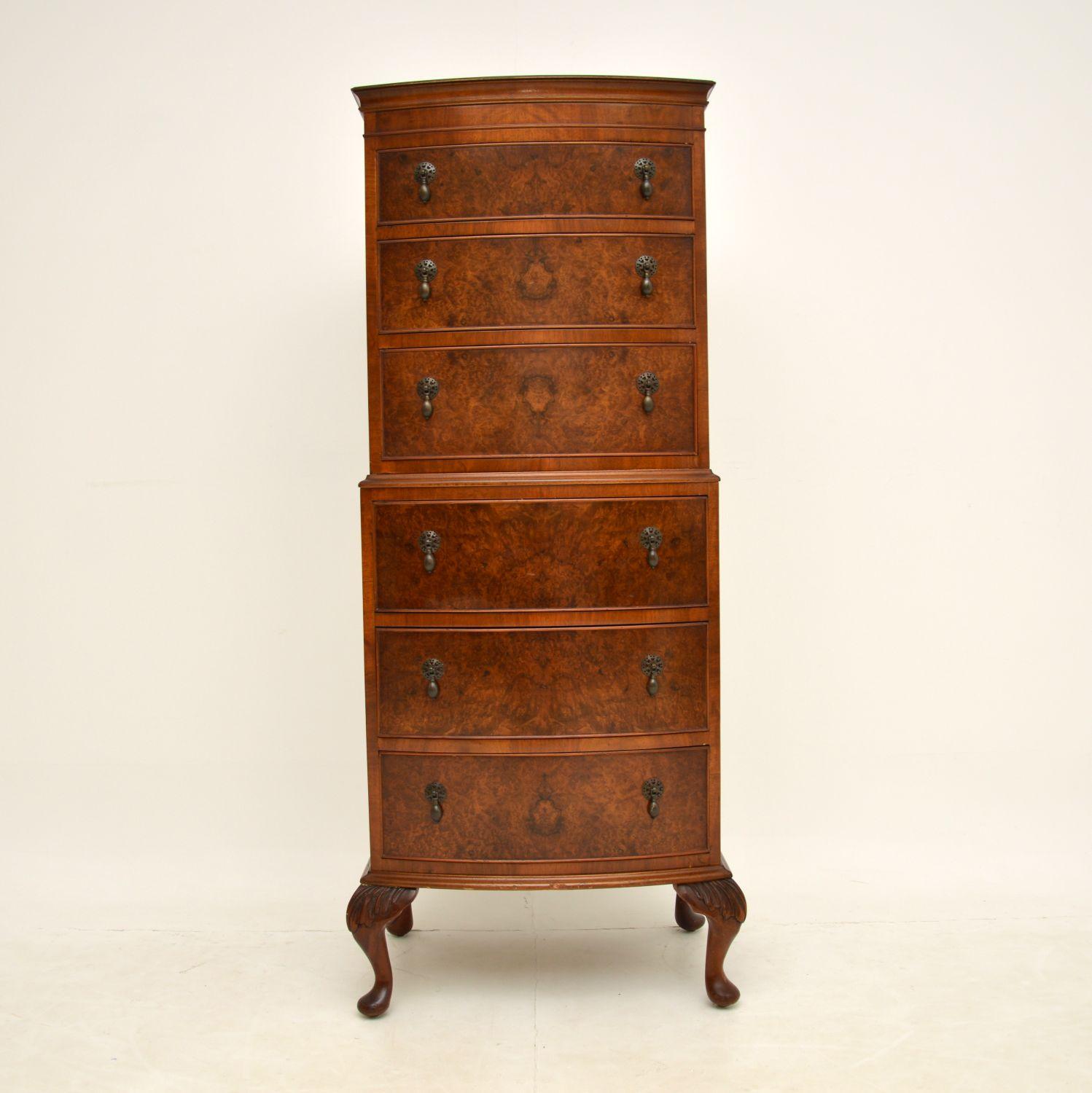 A beautifully designed antique burr walnut chest on chest, with slim proportions, dating from around the 1920-30’s period.

The quality is fantastic, this has wonderful burr walnut grain patterns and a lovely colour. There are fine quality brass