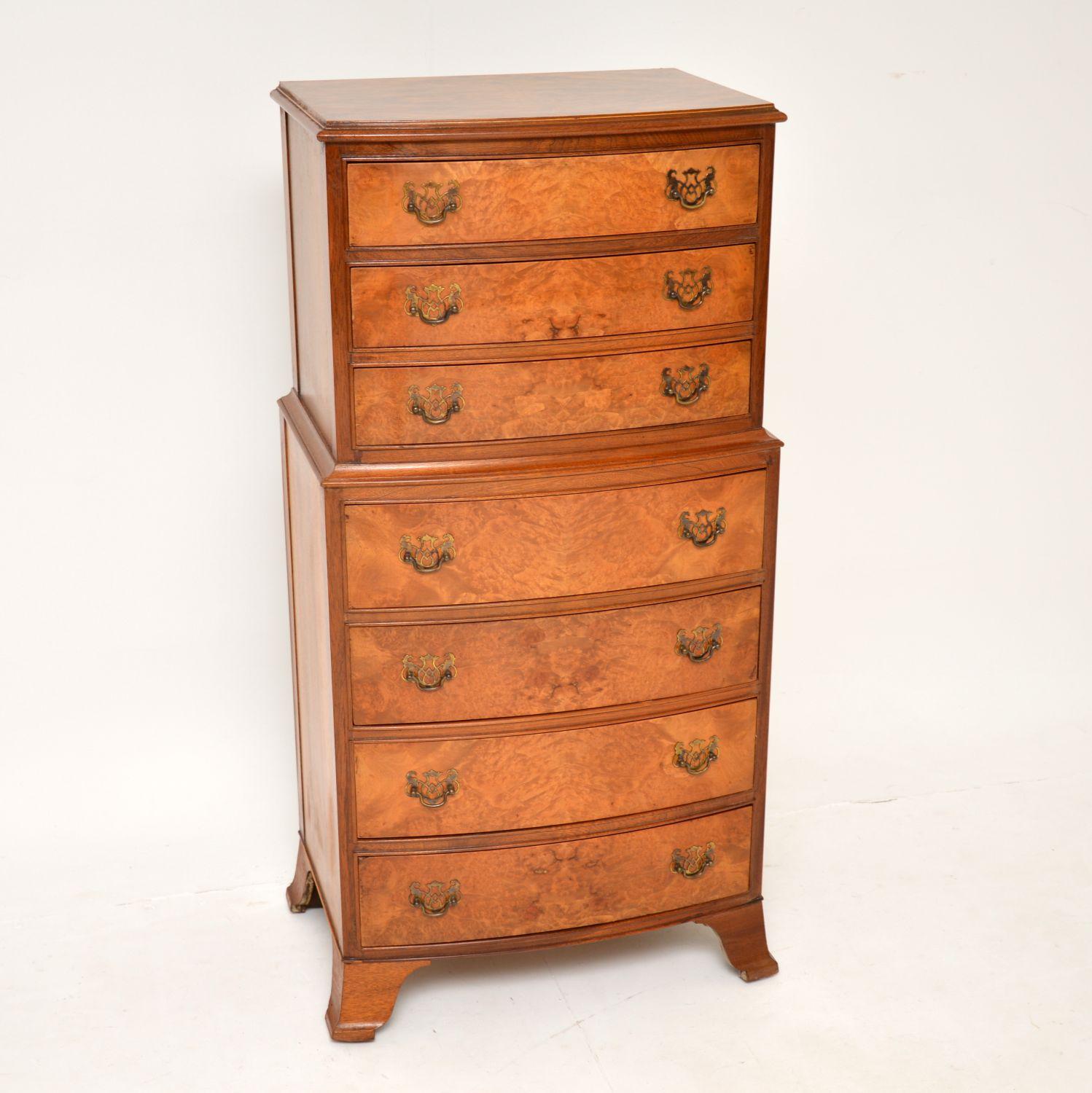 A beautiful small antique Georgian style burr walnut chest on chest, made in England & dating from around the 1930’s.

It is of lovely quality and is a great size, not taking up too much floor space yet offering lots of storage space. The burr