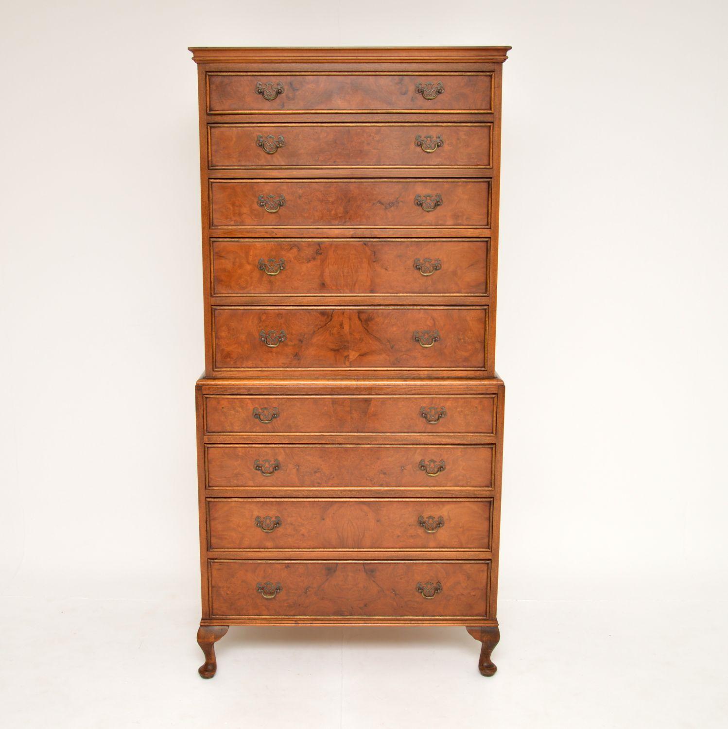 An excellent antique walnut chest on chest with burr walnut drawer fronts. This was made in England, it is in the Georgian style and dates from around the 1930’s.

This is very well made and is a fantastic size, with lots of storage space in the