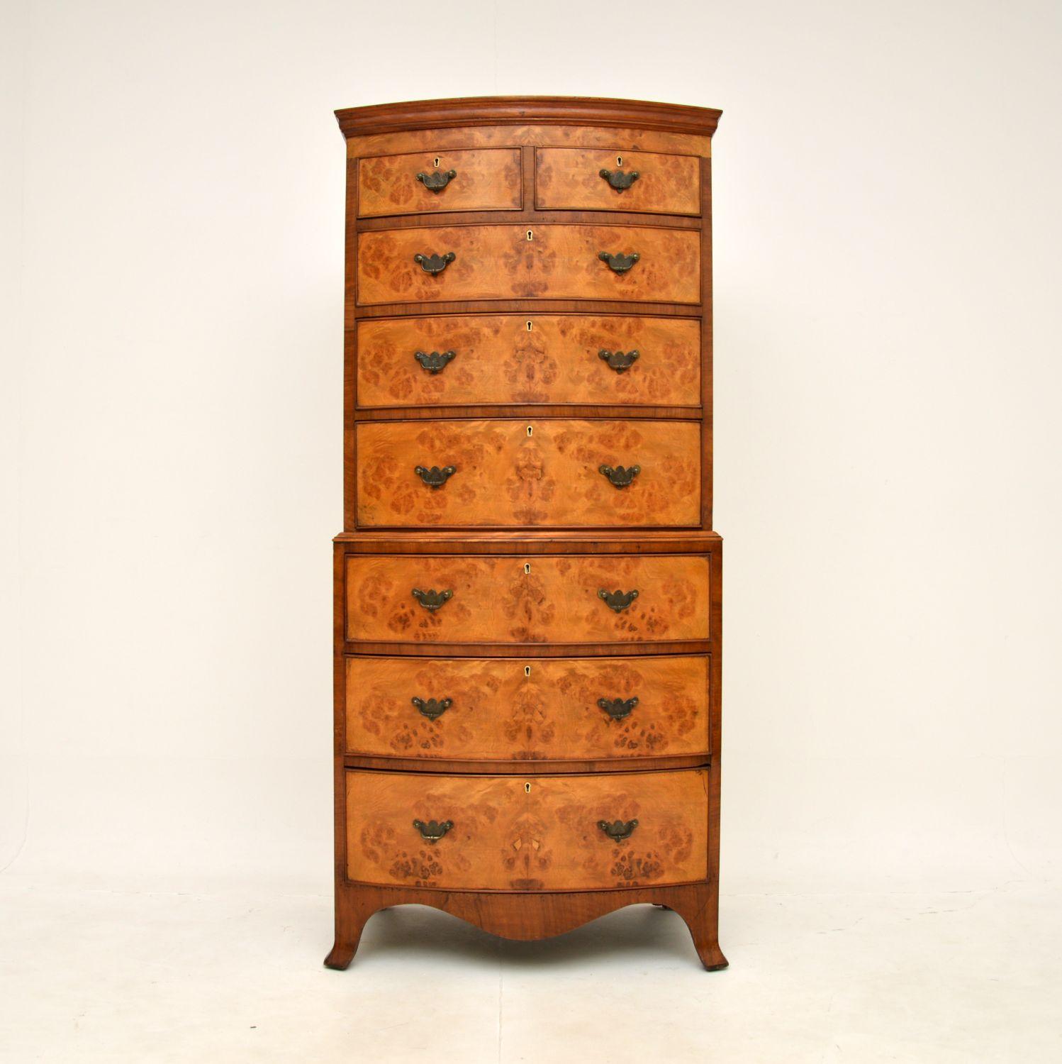 A smart and extremely well made antique burr walnut chest on chest of drawers. This was made in England, it dates from around the 1890-1910 period.

It is of superb quality and is a great size, with lots of storage space. The burr walnut grain
