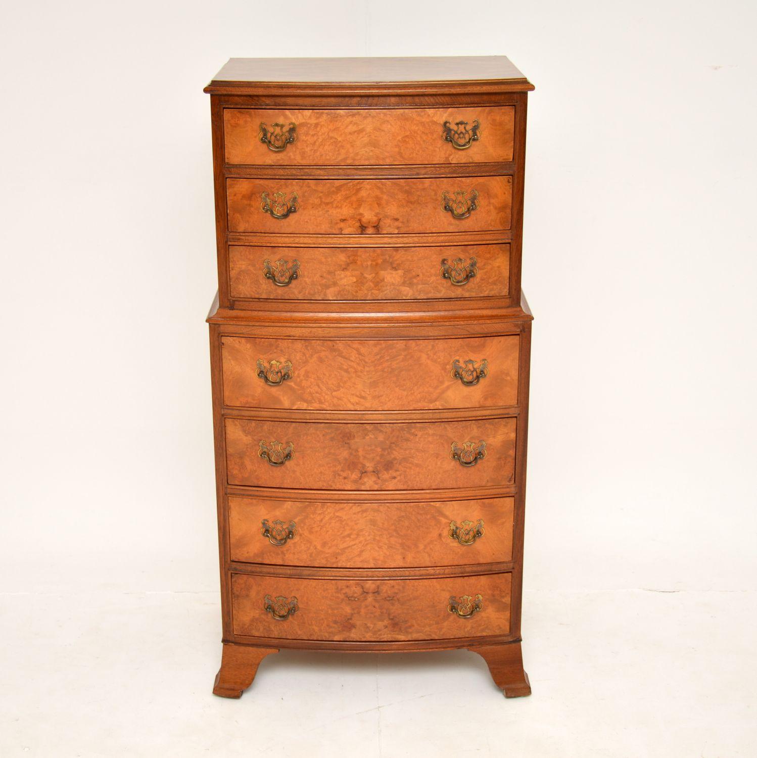 Georgian Antique Burr Walnut Chest on Chest of Drawers