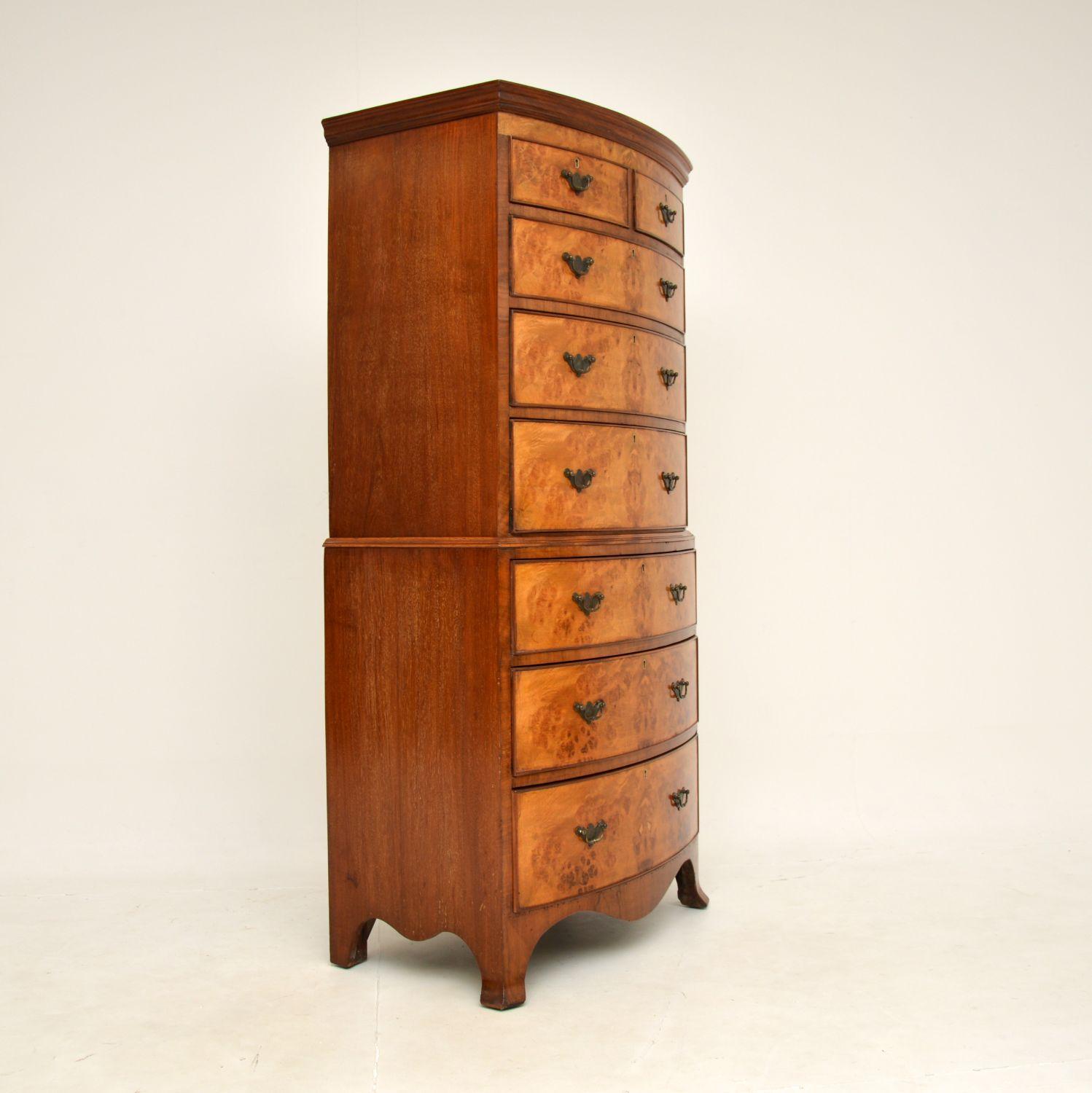 Georgian Antique Burr Walnut Chest on Chest of Drawers For Sale