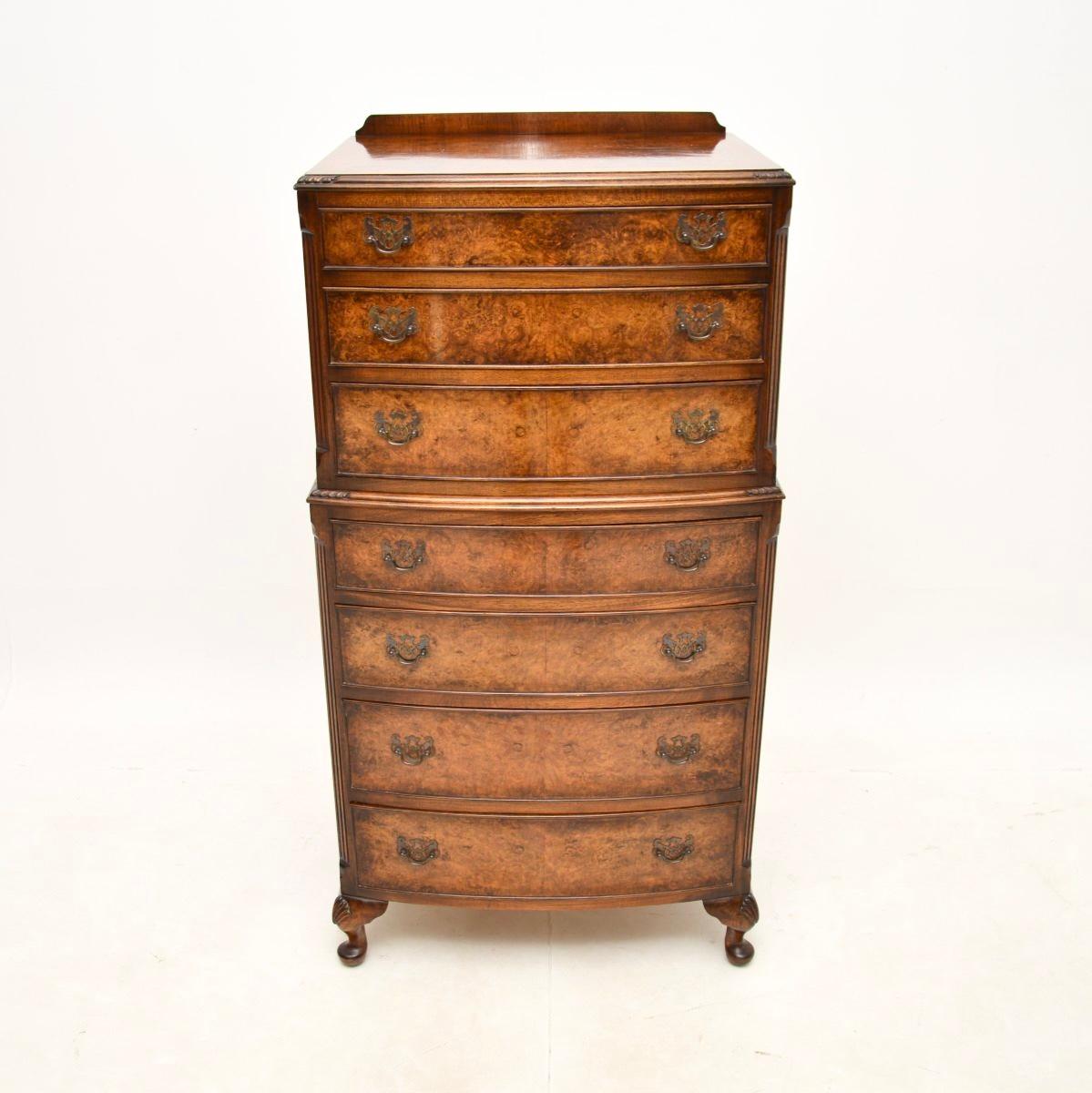 Queen Anne Antique Burr Walnut Chest on Chest of Drawers