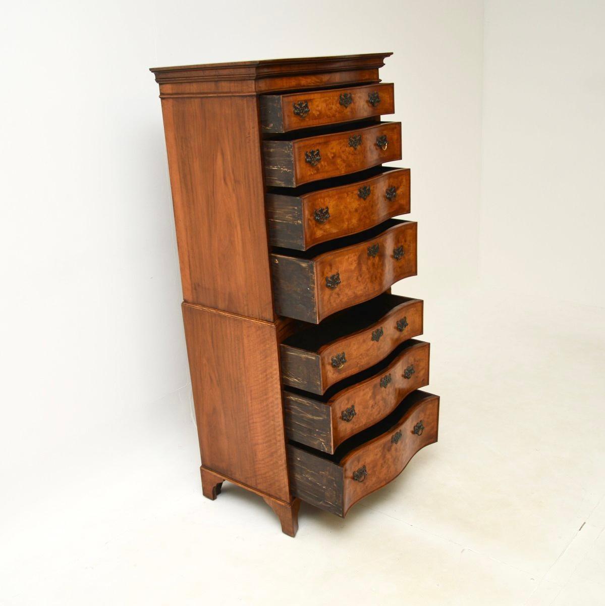 Georgian Antique Burr Walnut Chest on Chest of Drawers For Sale