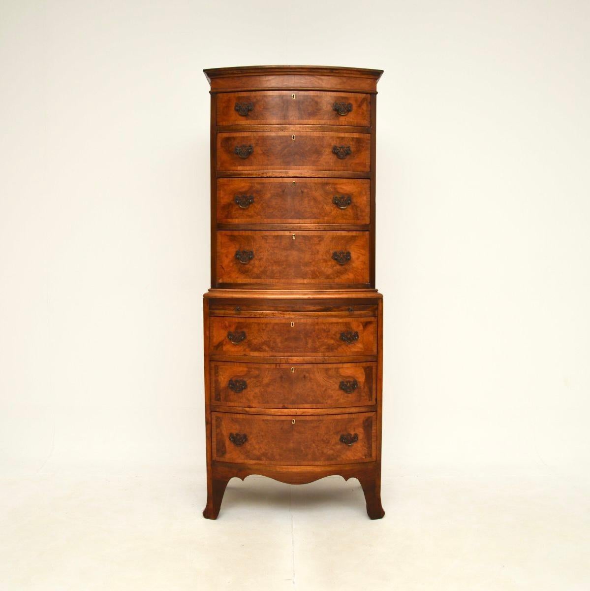 Late Victorian Antique Burr Walnut Chest on Chest of Drawers For Sale