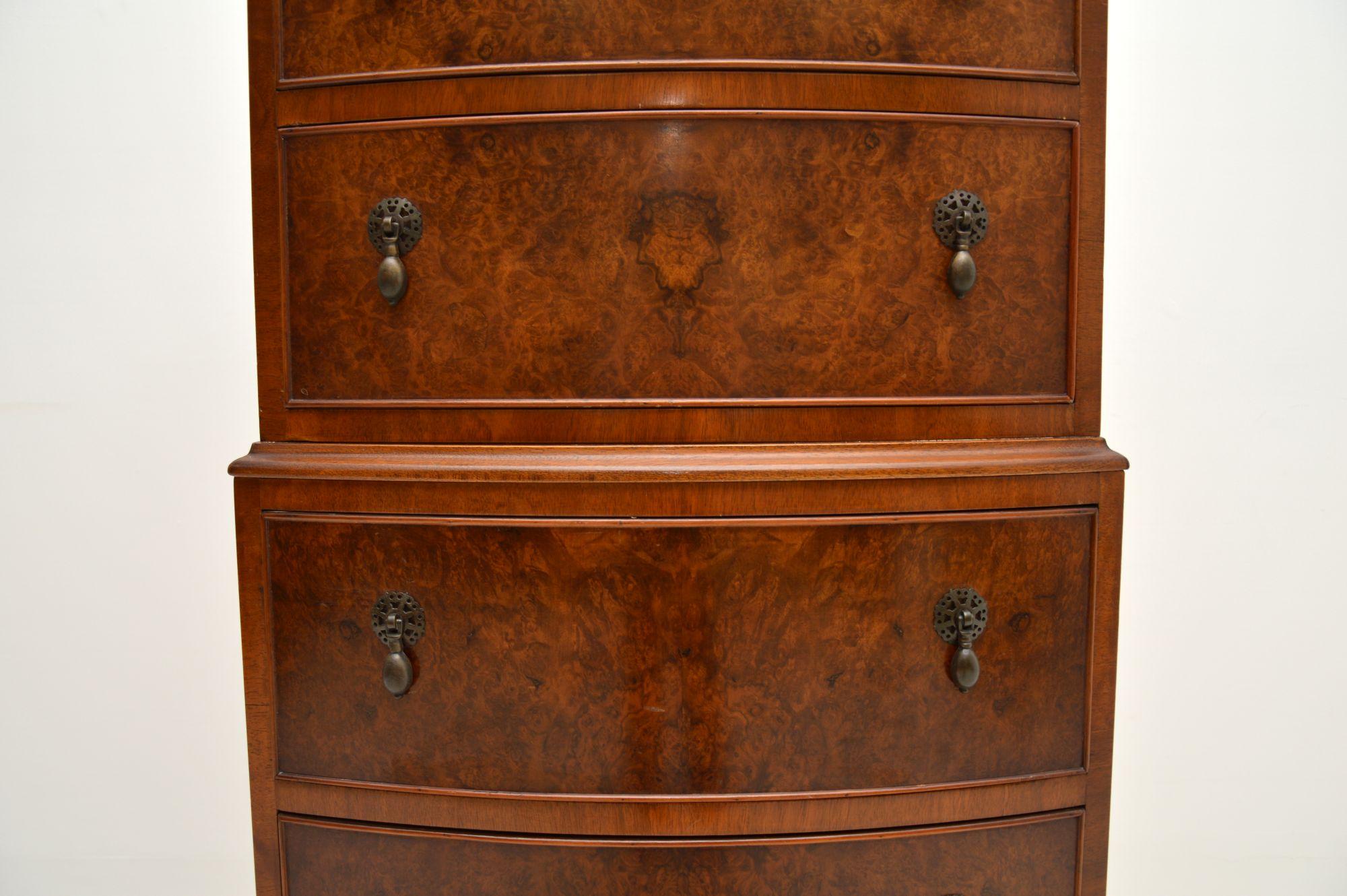 English Antique Burr Walnut Chest on Chest of Drawers