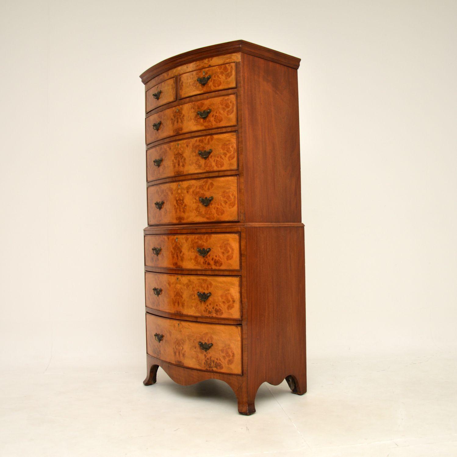 British Antique Burr Walnut Chest on Chest of Drawers For Sale