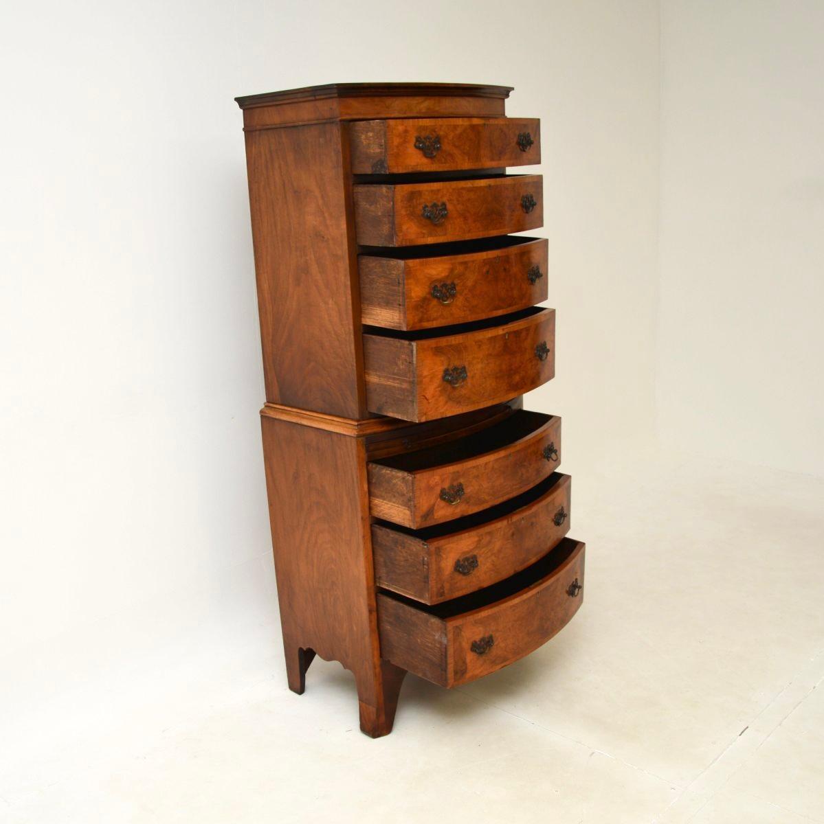 British Antique Burr Walnut Chest on Chest of Drawers For Sale